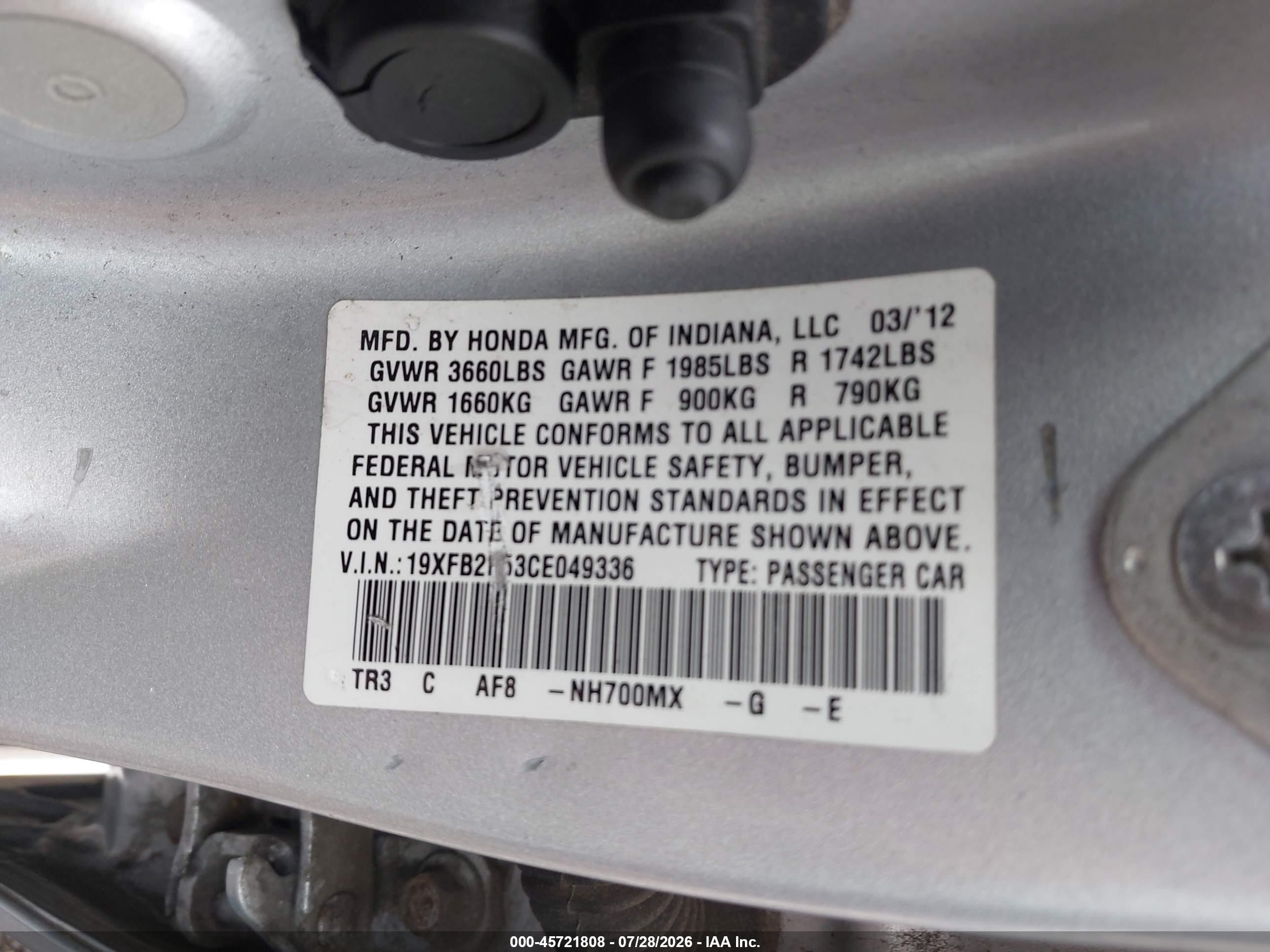 2012 Honda Civic Lx Silver vin: 19XFB2F53CE049336