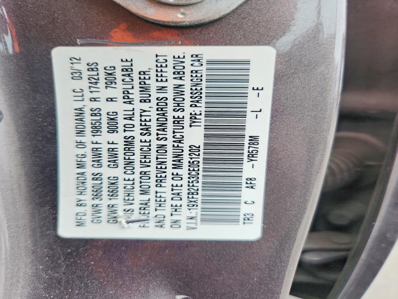 2012 Honda Civic Lx Brown vin: 19XFB2F53CE051202