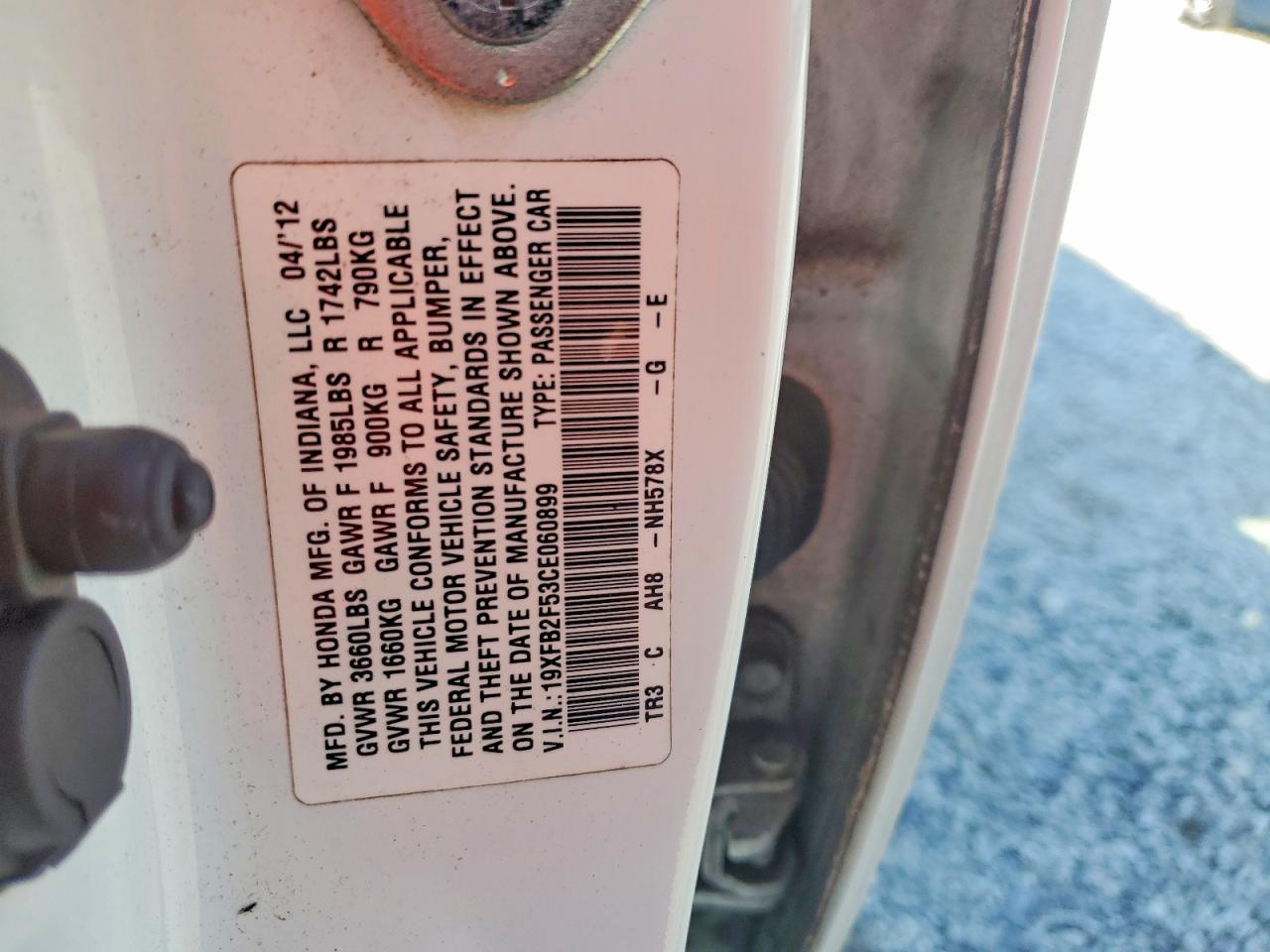 2012 Honda Civic Lx White vin: 19XFB2F53CE060899