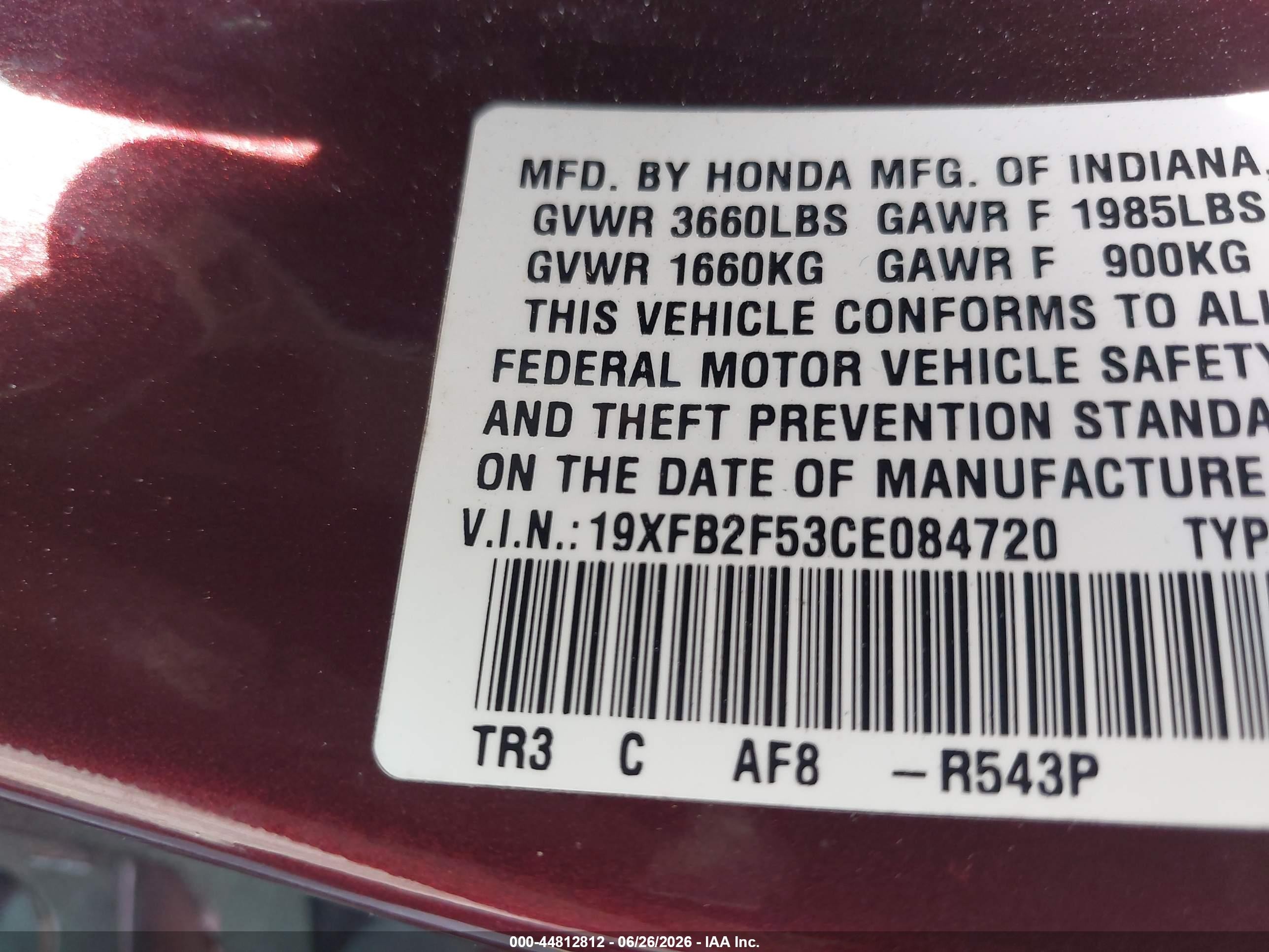 2012 Honda Civic Lx Maroon vin: 19XFB2F53CE084720