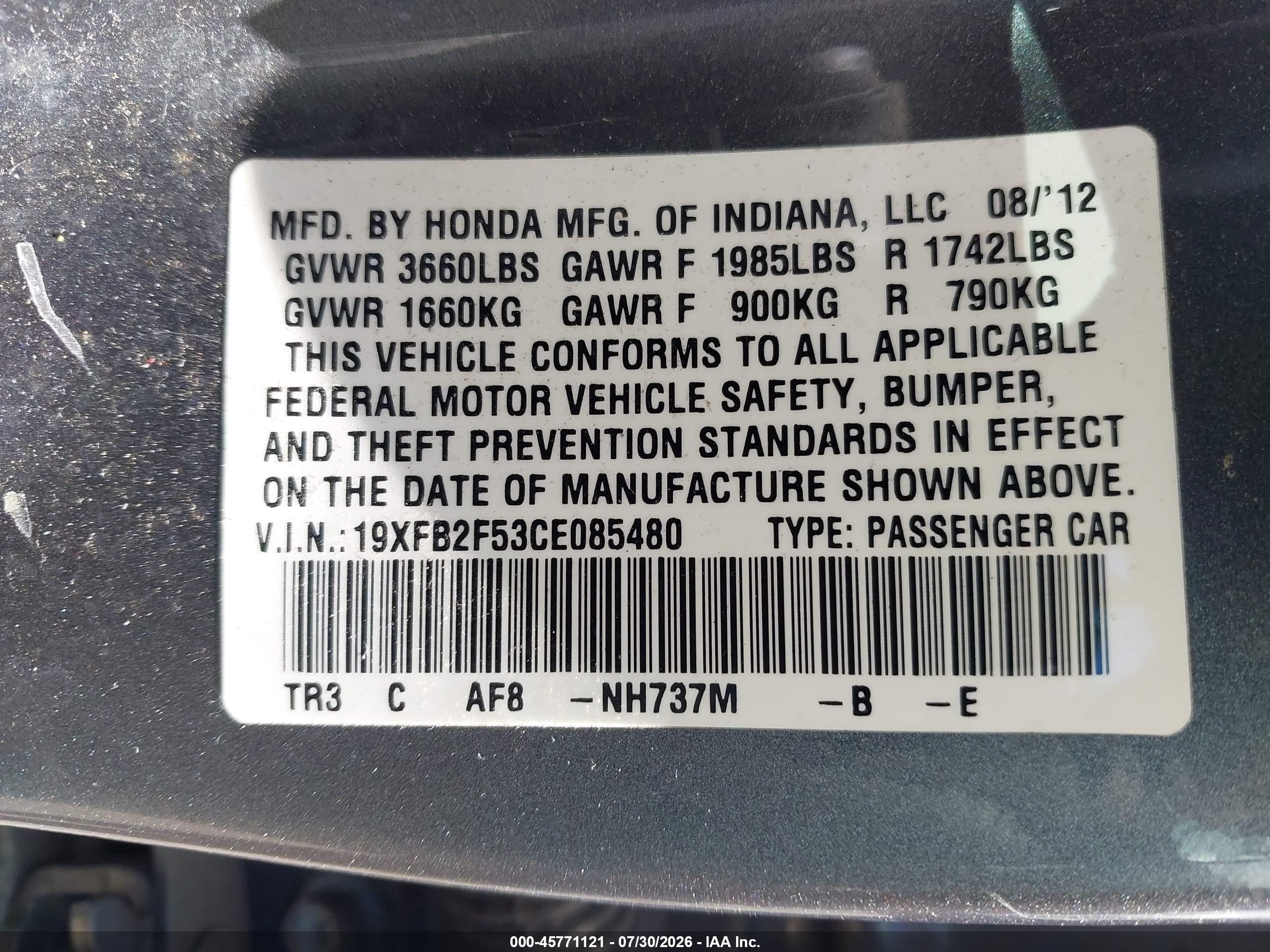 2012 Honda Civic Lx Gray vin: 19XFB2F53CE085480