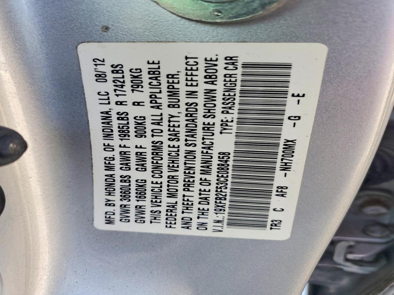 2012 Honda Civic Lx Silver vin: 19XFB2F53CE088458