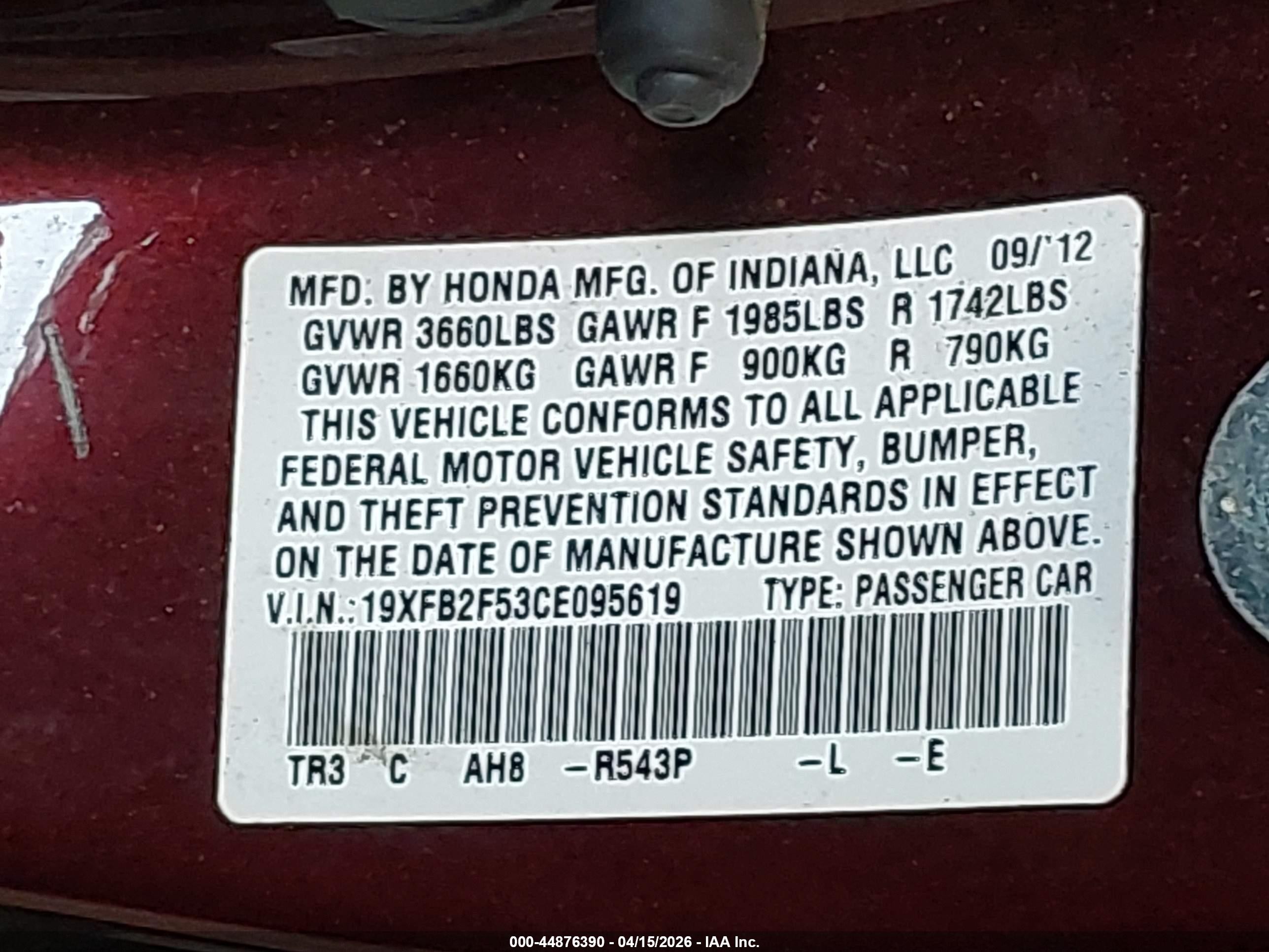 2012 Honda Civic Lx Burgundy vin: 19XFB2F53CE095619