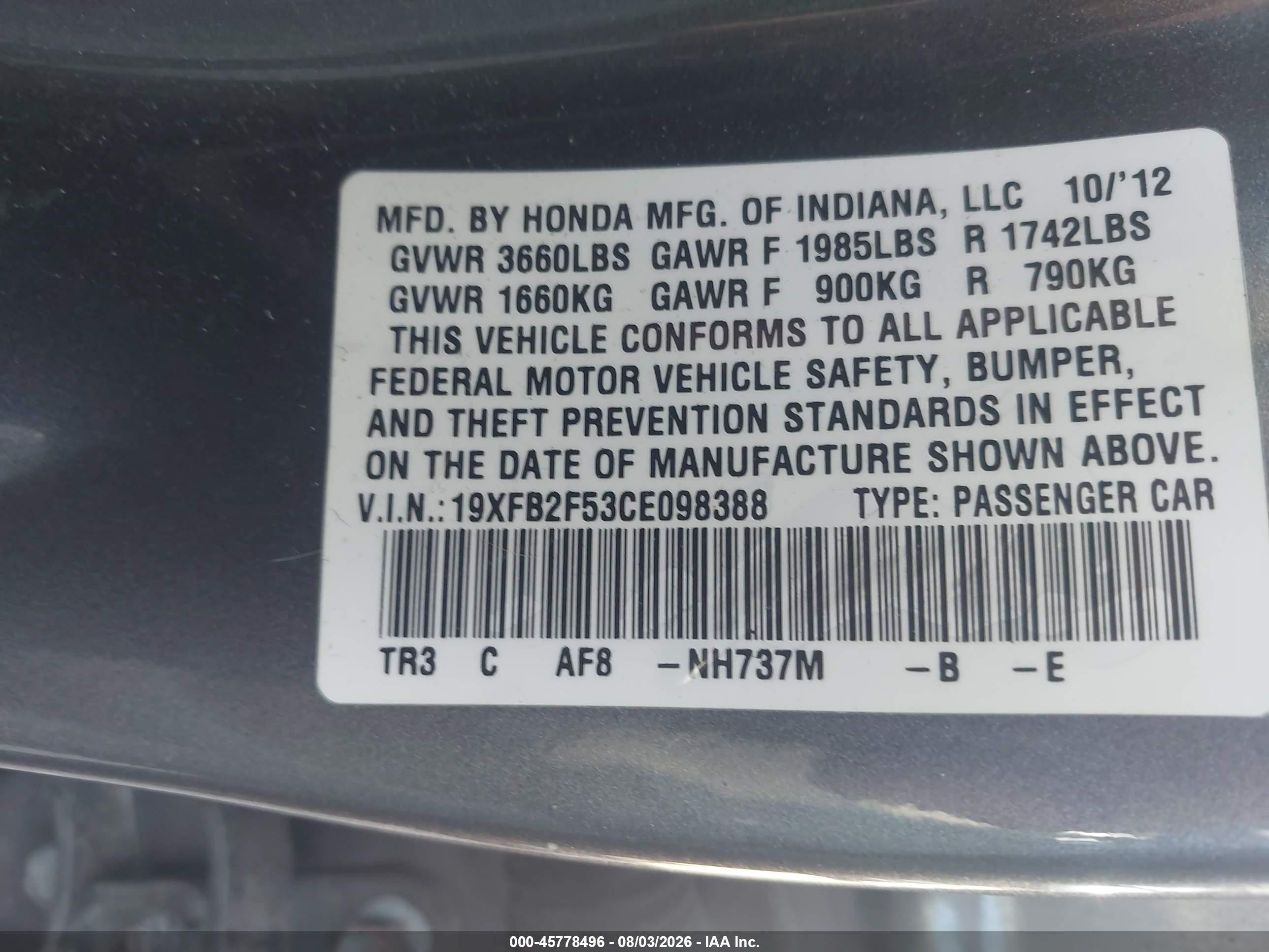2012 Honda Civic Lx Gray vin: 19XFB2F53CE098388
