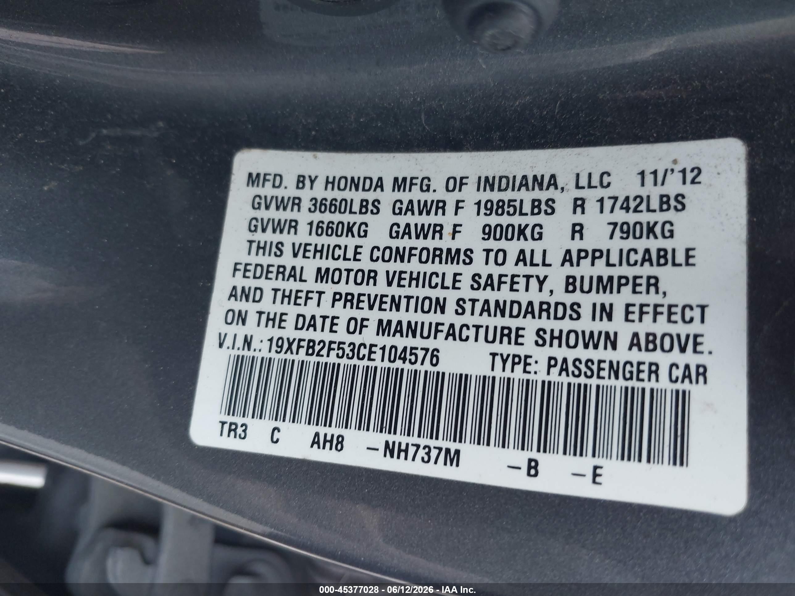 2012 Honda Civic Lx Серый vin: 19XFB2F53CE104576