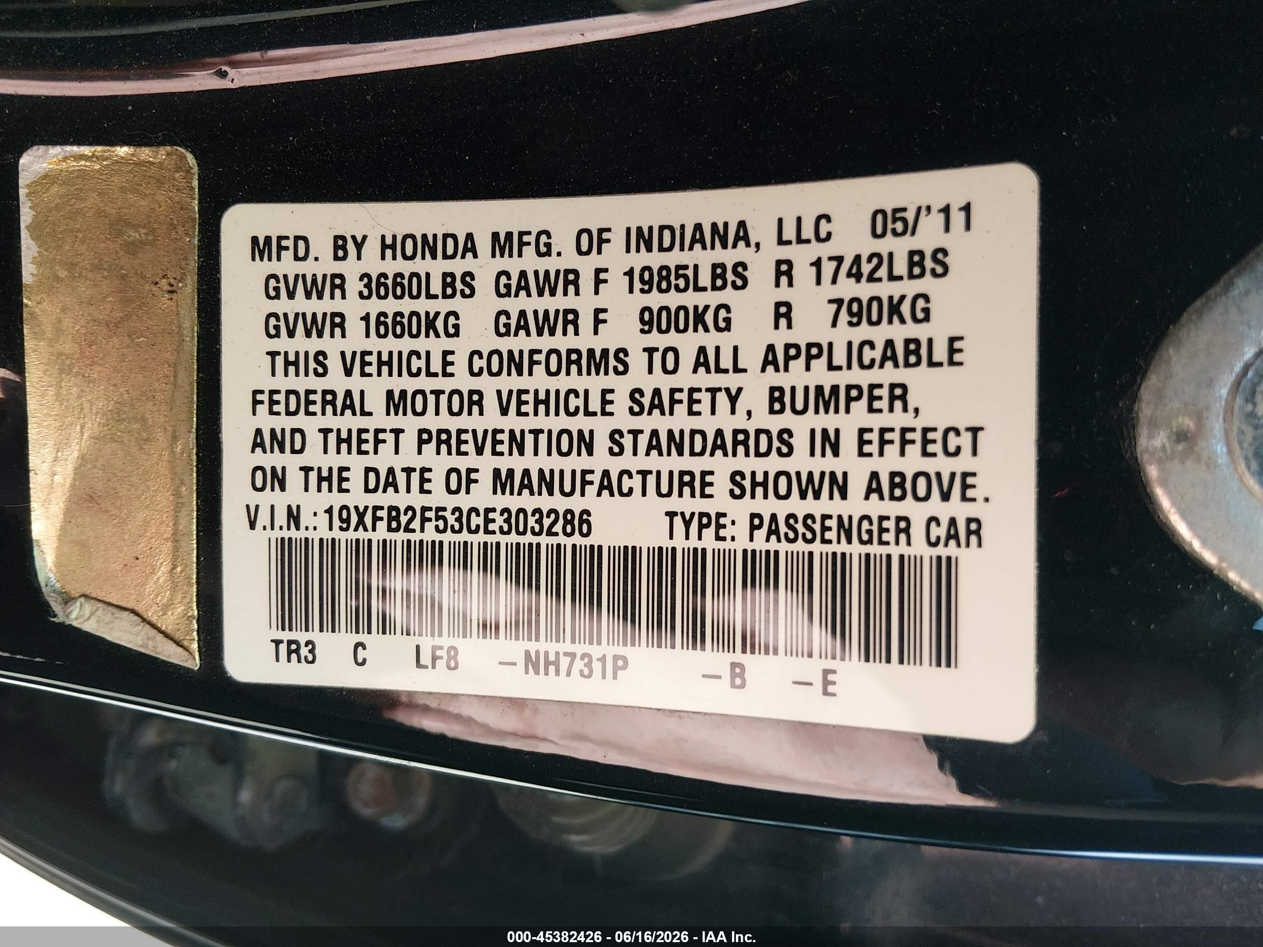 2012 Honda Civic Lx Black vin: 19XFB2F53CE303286