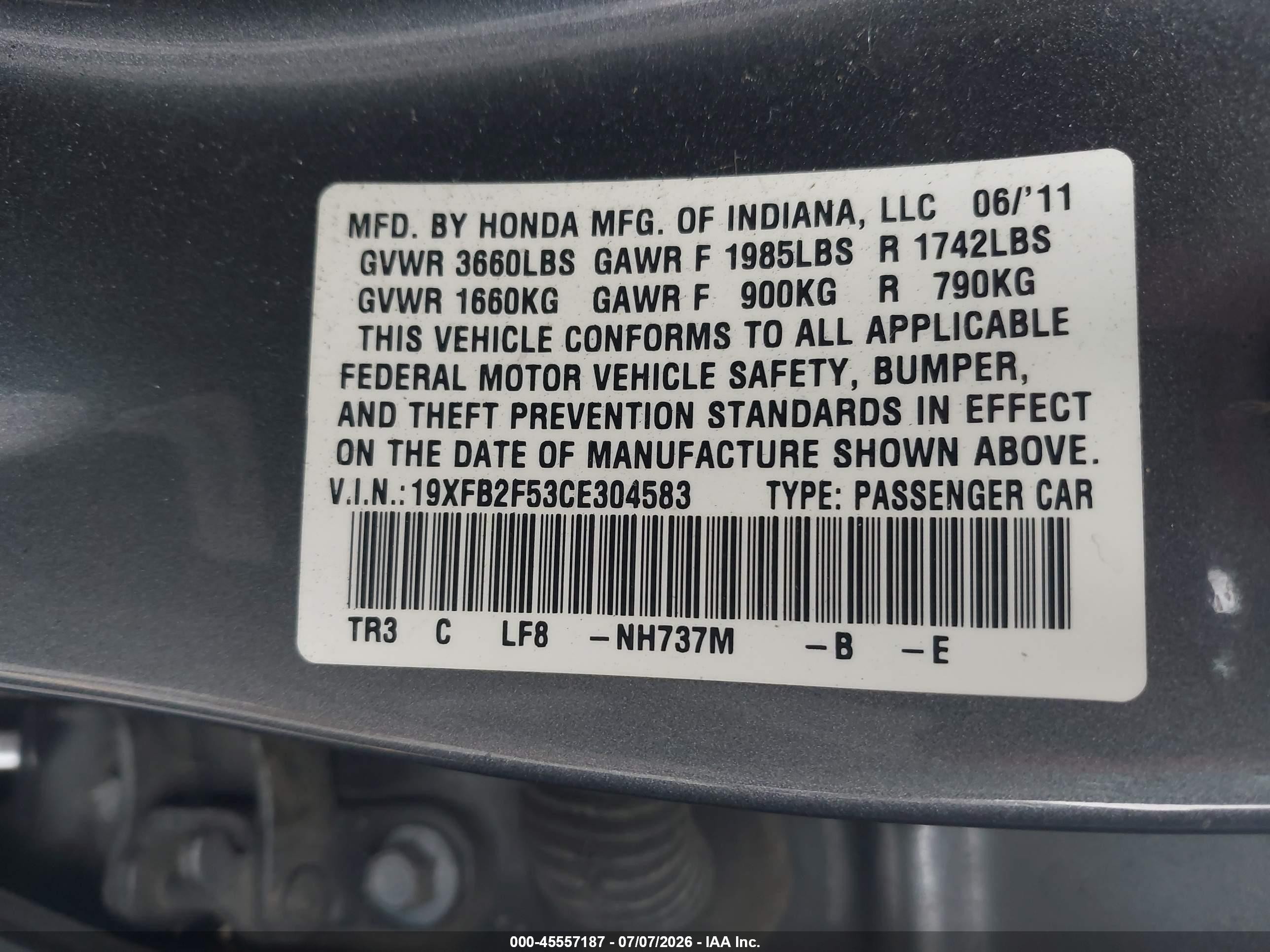 2012 Honda Civic Lx Gray vin: 19XFB2F53CE304583