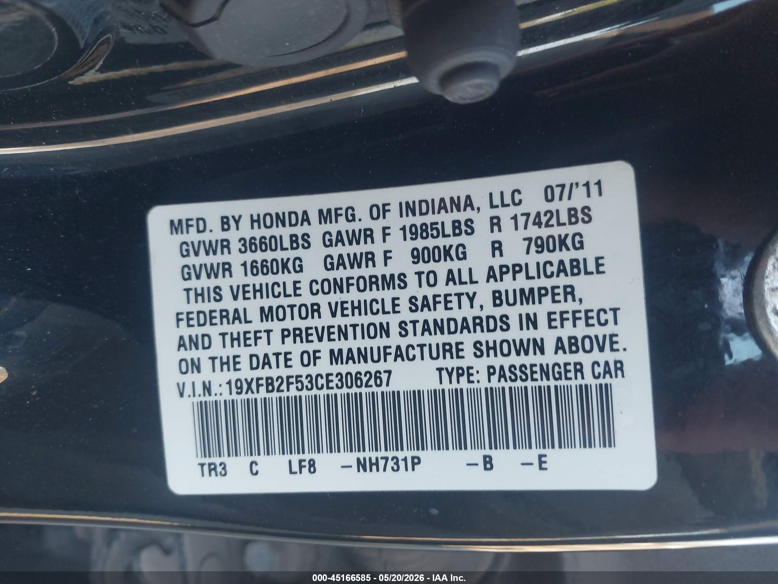 2012 Honda Civic Lx Black vin: 19XFB2F53CE306267