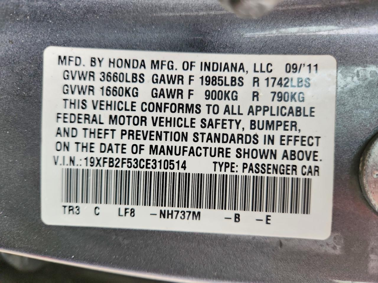 2012 Honda Civic Lx Gray vin: 19XFB2F53CE310514