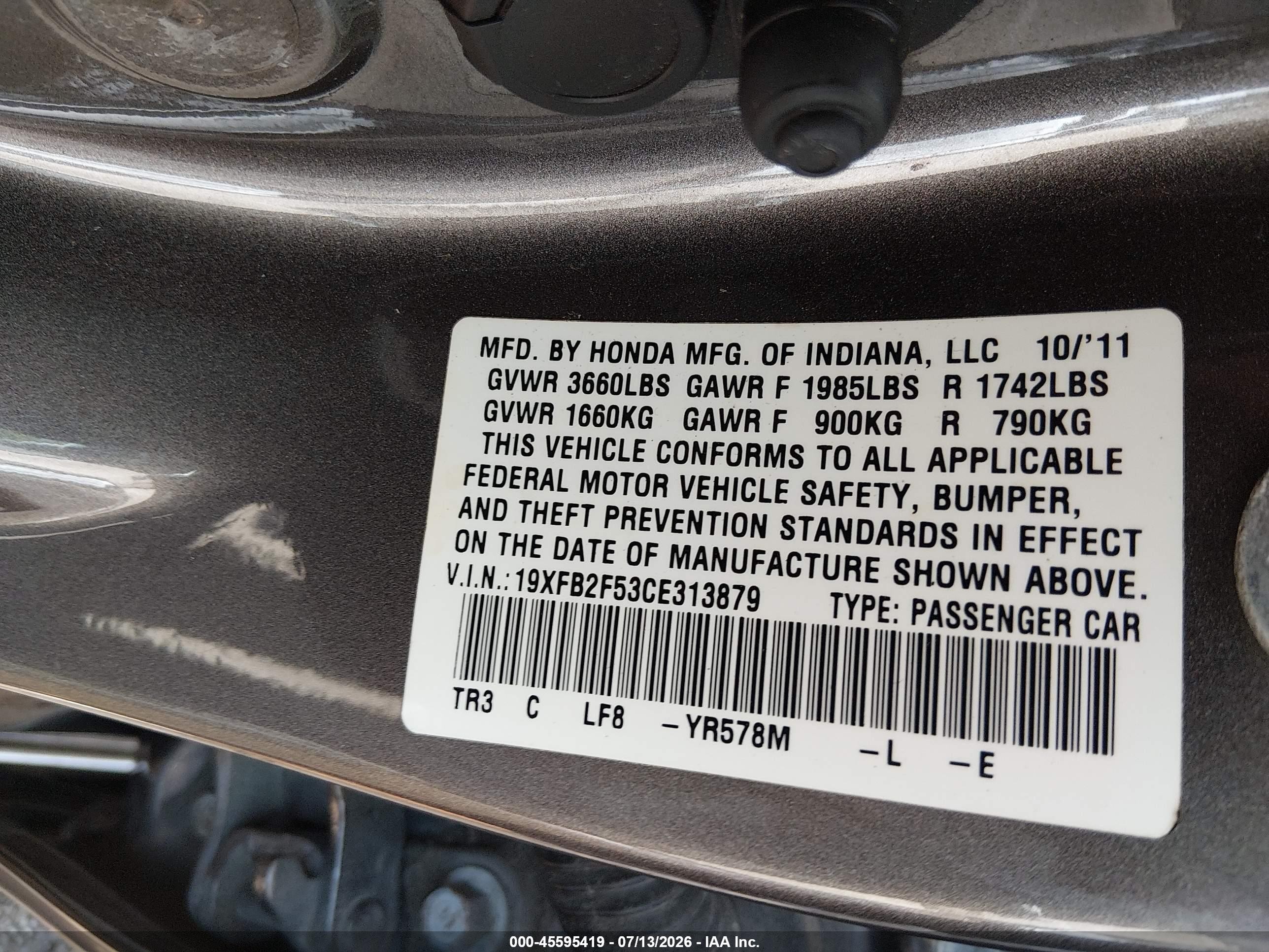 2012 Honda Civic Lx Gold vin: 19XFB2F53CE313879
