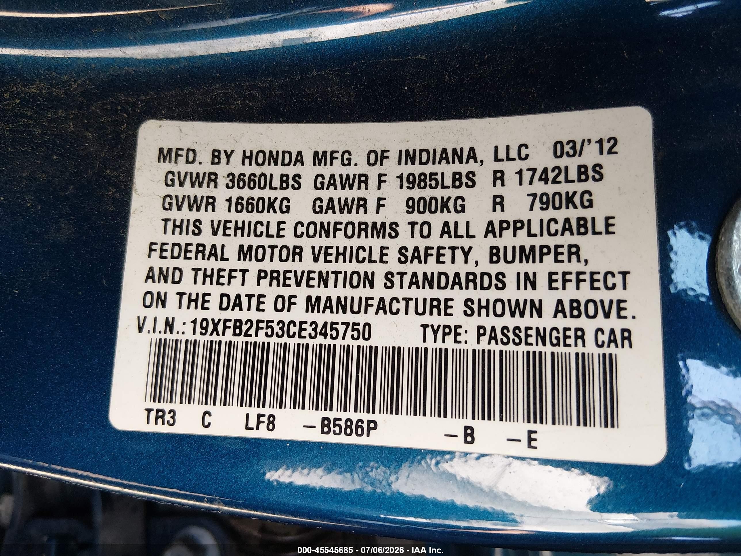 2012 Honda Civic Lx Blue vin: 19XFB2F53CE345750