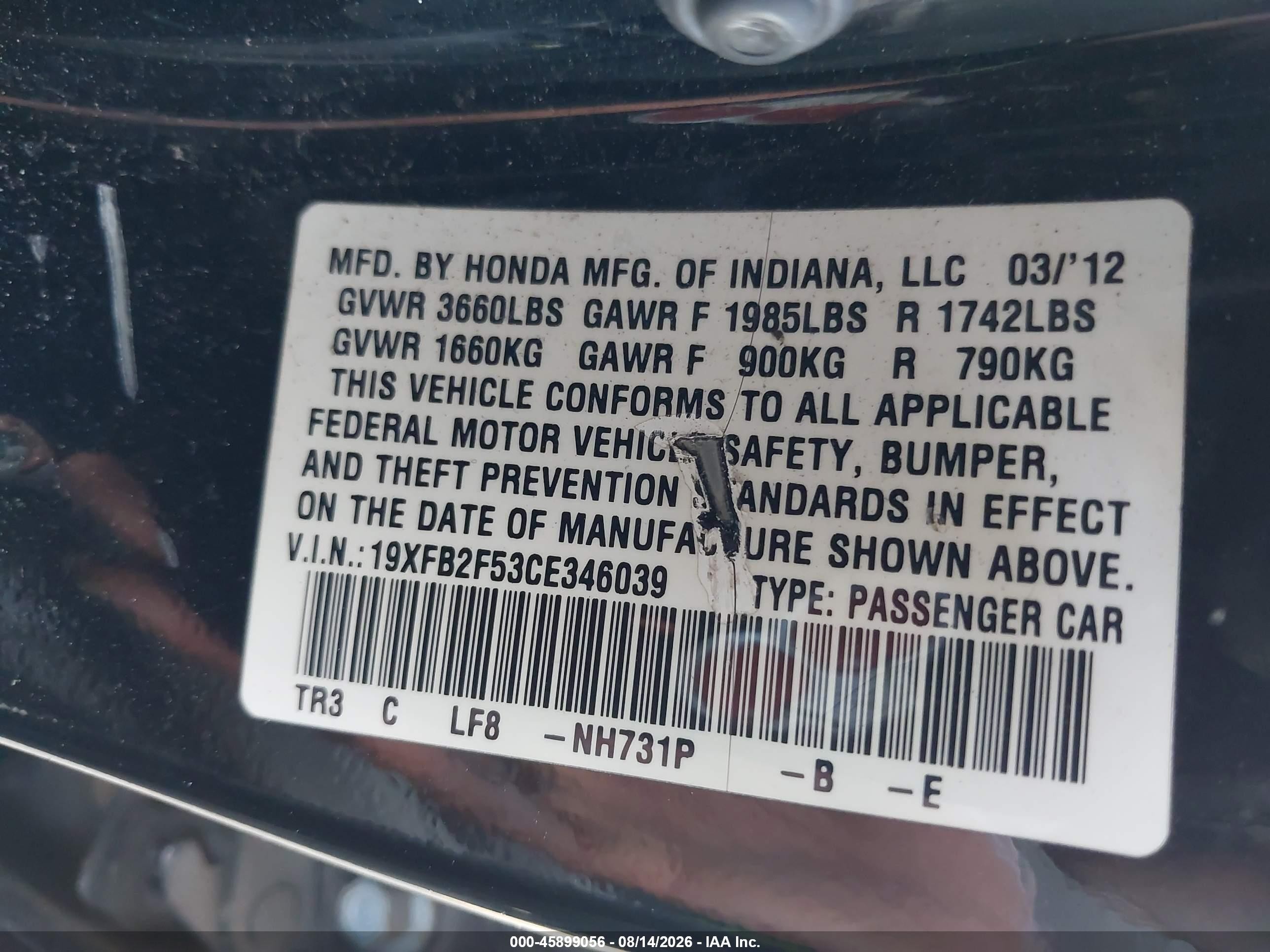 2012 Honda Civic Lx Черный vin: 19XFB2F53CE346039