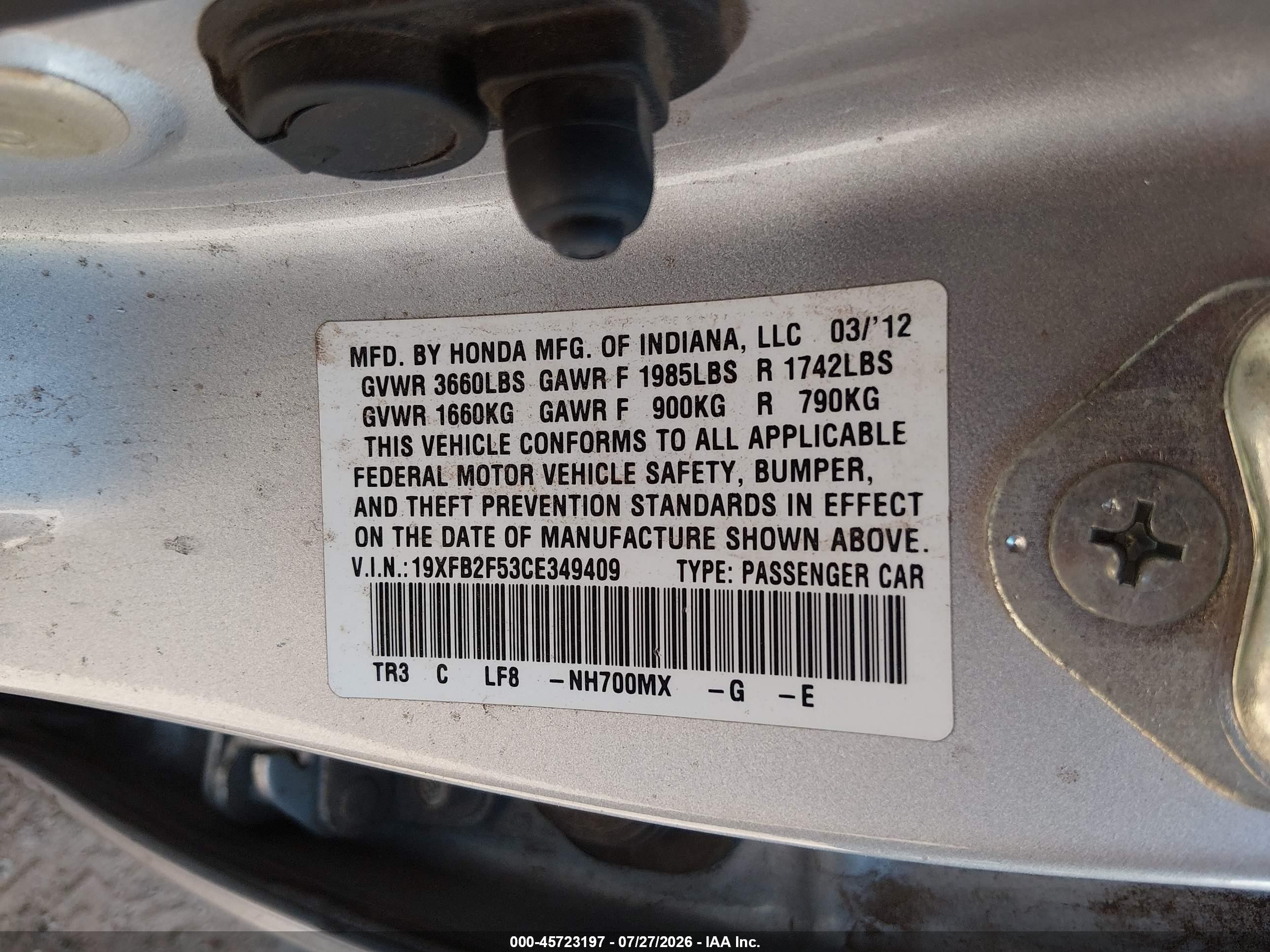 2012 Honda Civic Lx Silver vin: 19XFB2F53CE349409