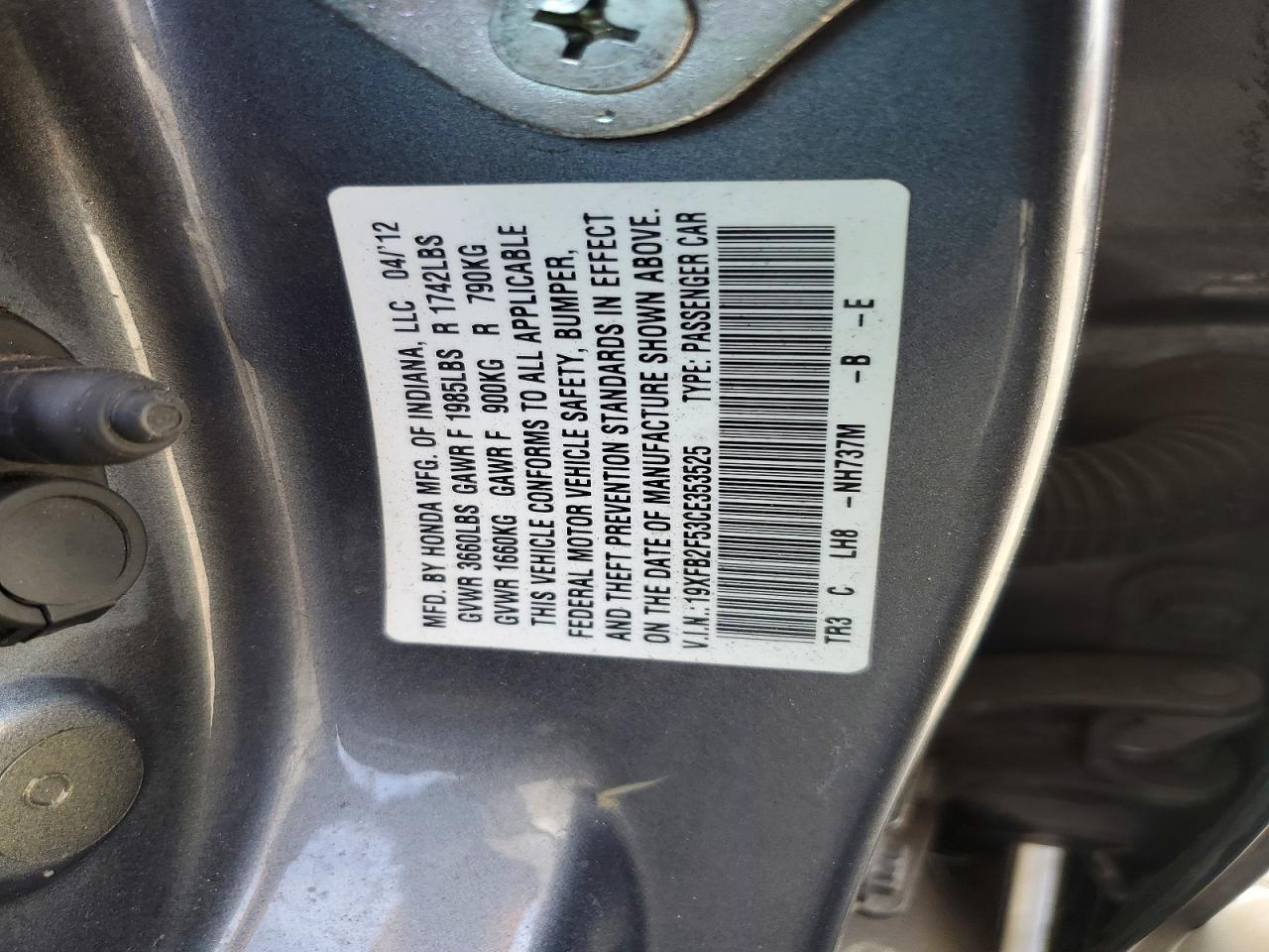 2012 Honda Civic Lx Gray vin: 19XFB2F53CE353525