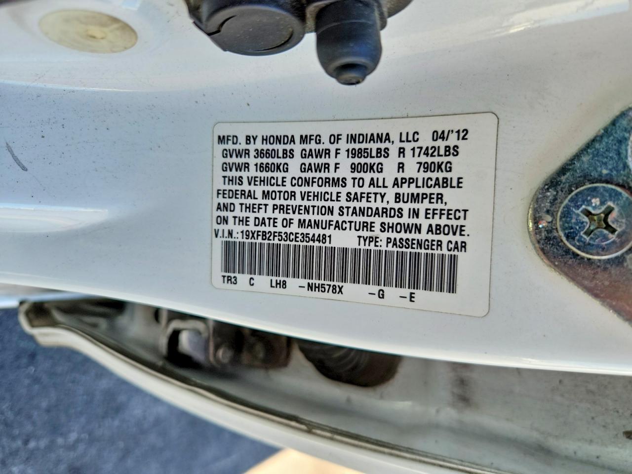 2012 Honda Civic Lx White vin: 19XFB2F53CE354481
