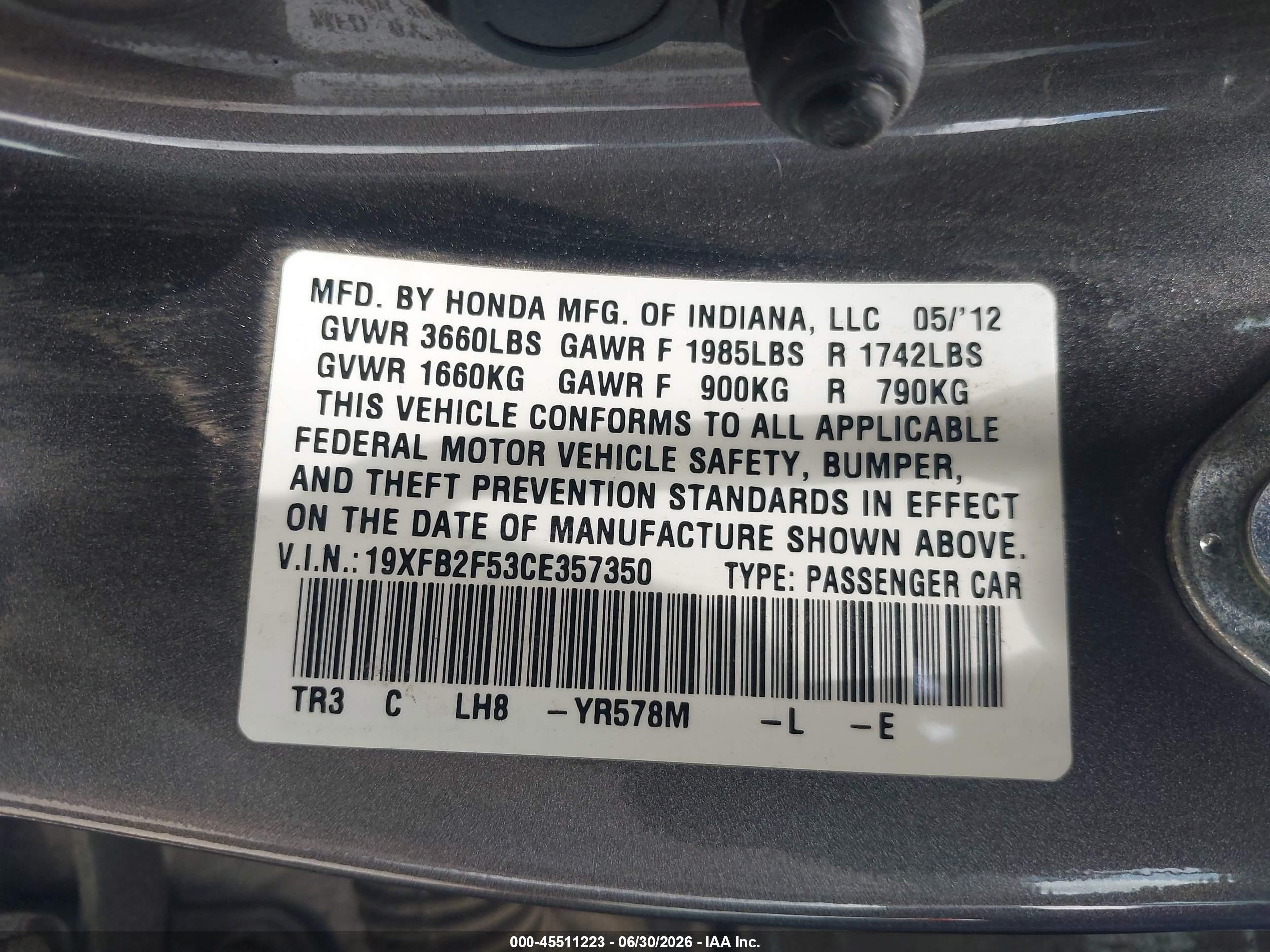 2012 Honda Civic Lx Gray vin: 19XFB2F53CE357350