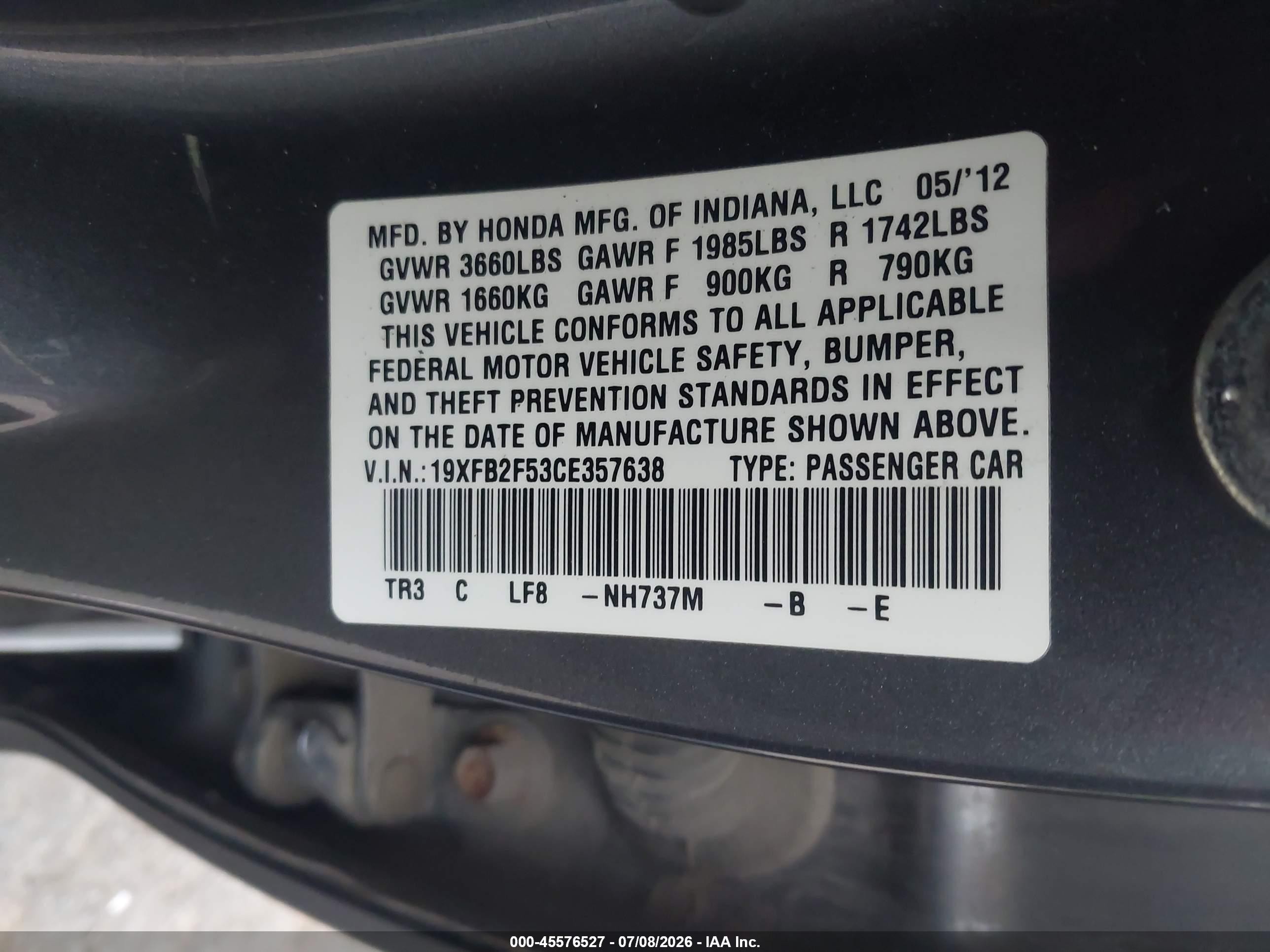 2012 Honda Civic Lx Gray vin: 19XFB2F53CE357638