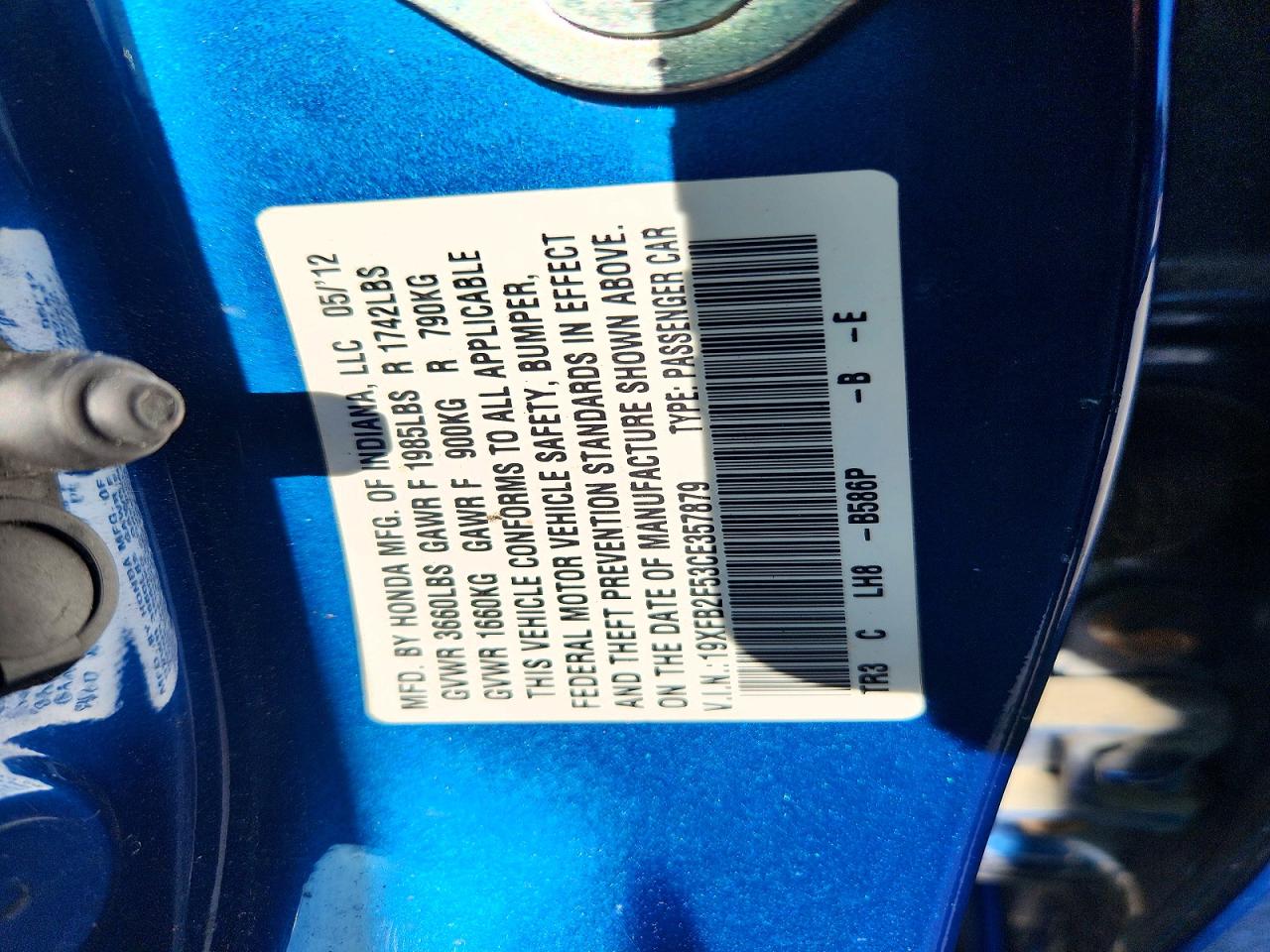 2012 Honda Civic Lx Blue vin: 19XFB2F53CE357879