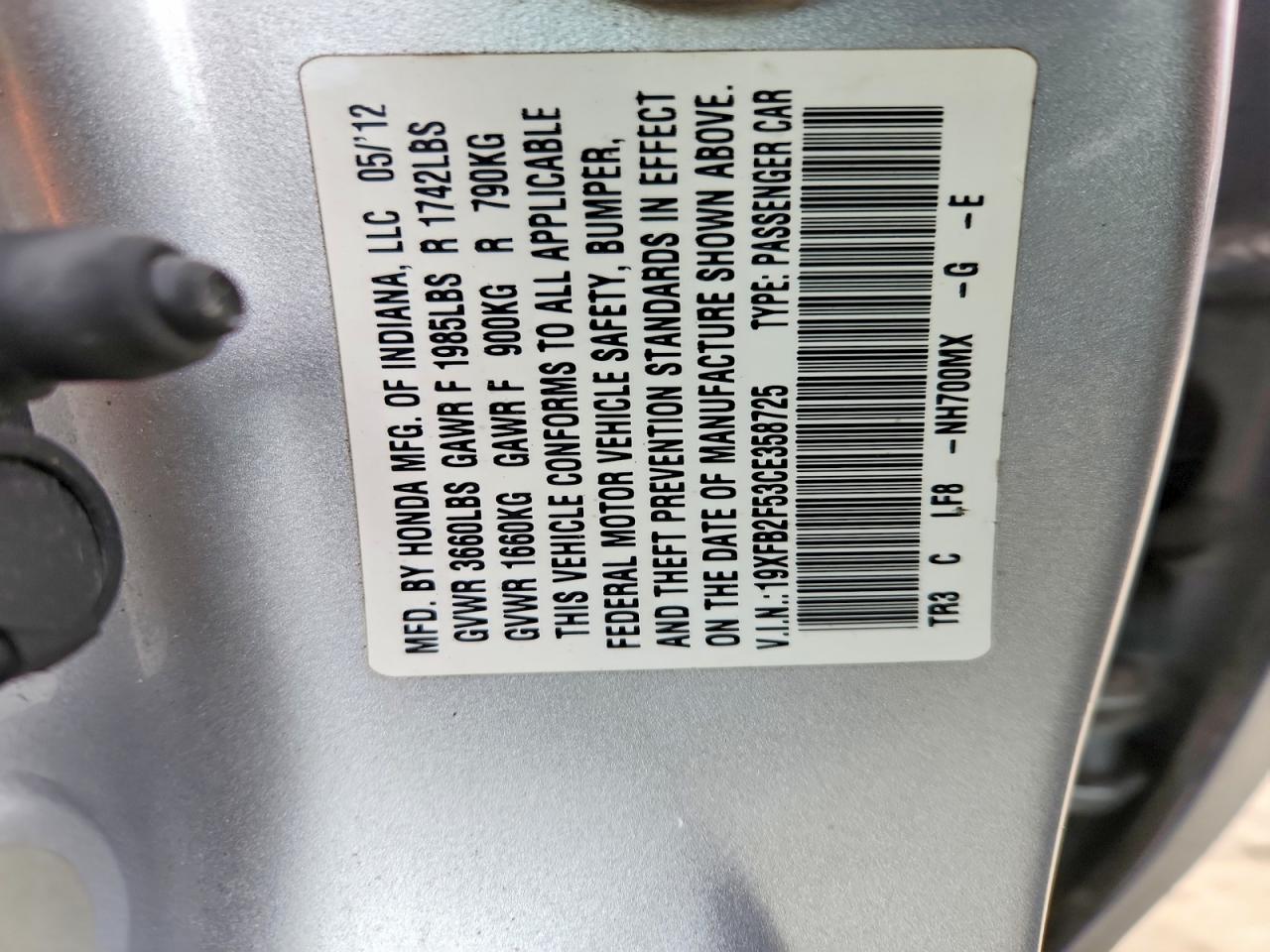 2012 Honda Civic Lx Серый vin: 19XFB2F53CE358725