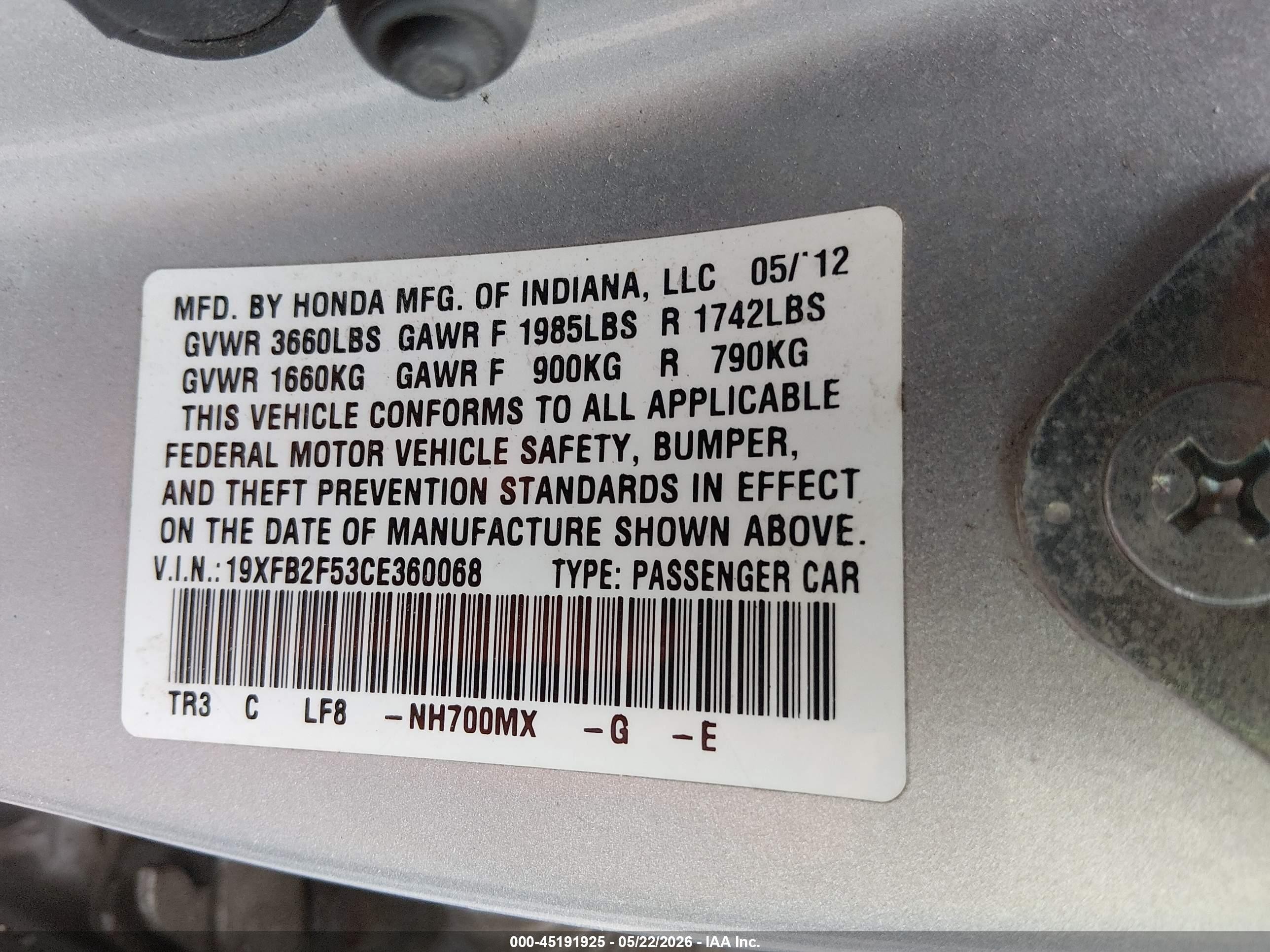 2012 Honda Civic Lx Silver vin: 19XFB2F53CE360068