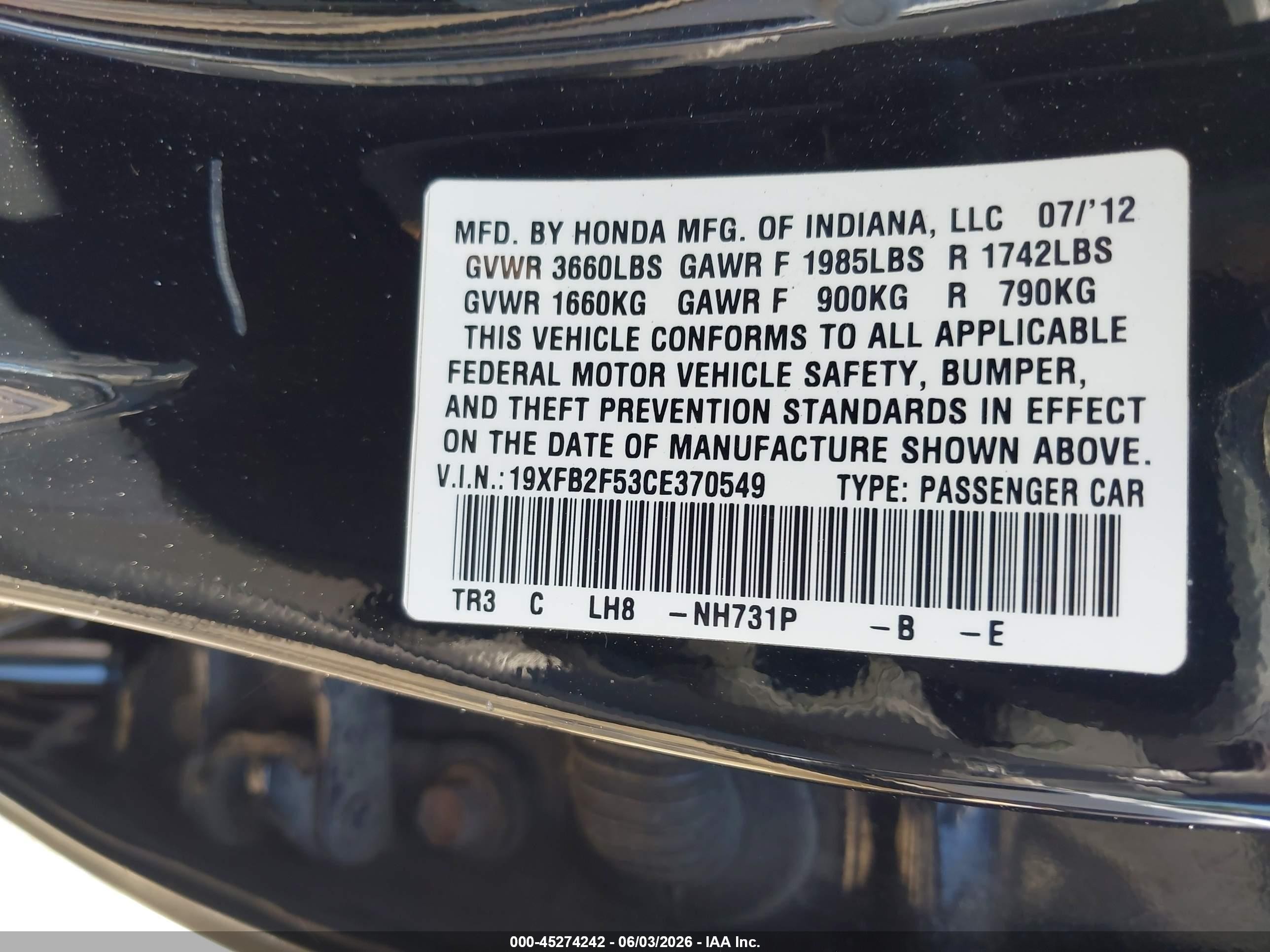 2012 Honda Civic Lx Черный vin: 19XFB2F53CE370549