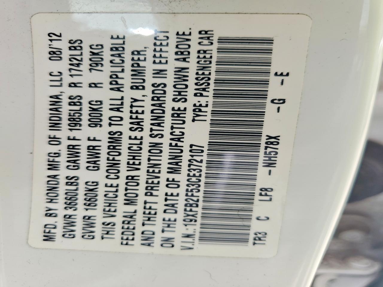2012 Honda Civic Lx White vin: 19XFB2F53CE372107