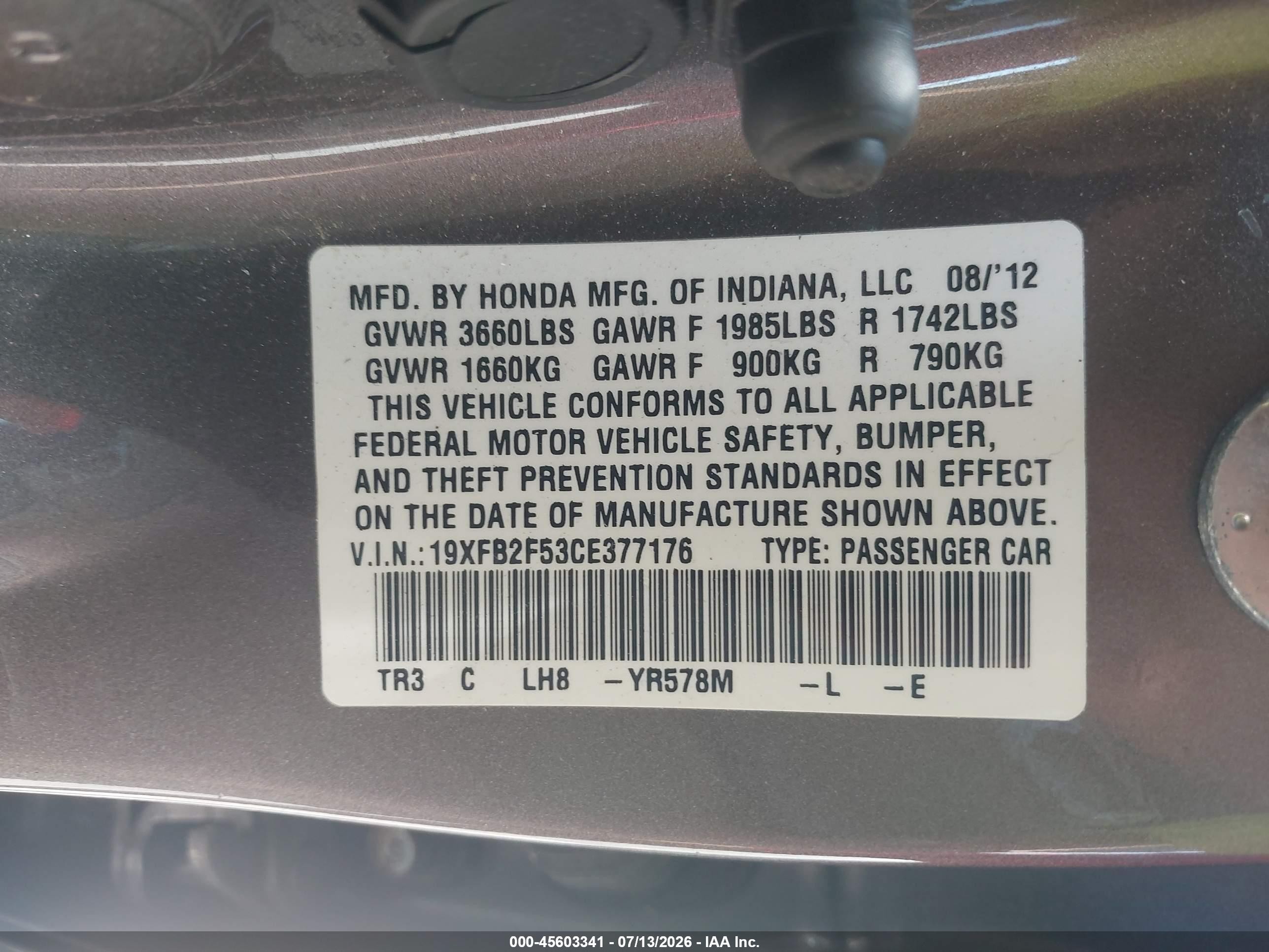 2012 Honda Civic Lx Gray vin: 19XFB2F53CE377176