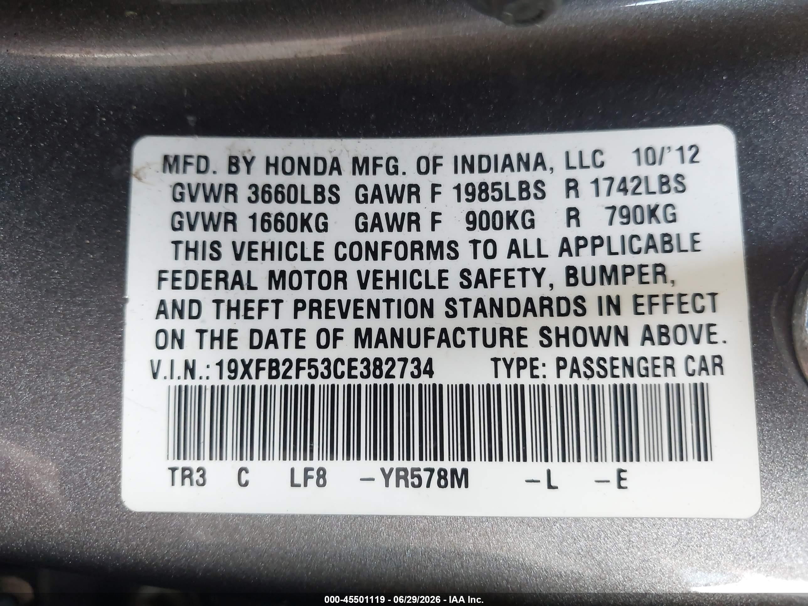 2012 Honda Civic Lx Gray vin: 19XFB2F53CE382734