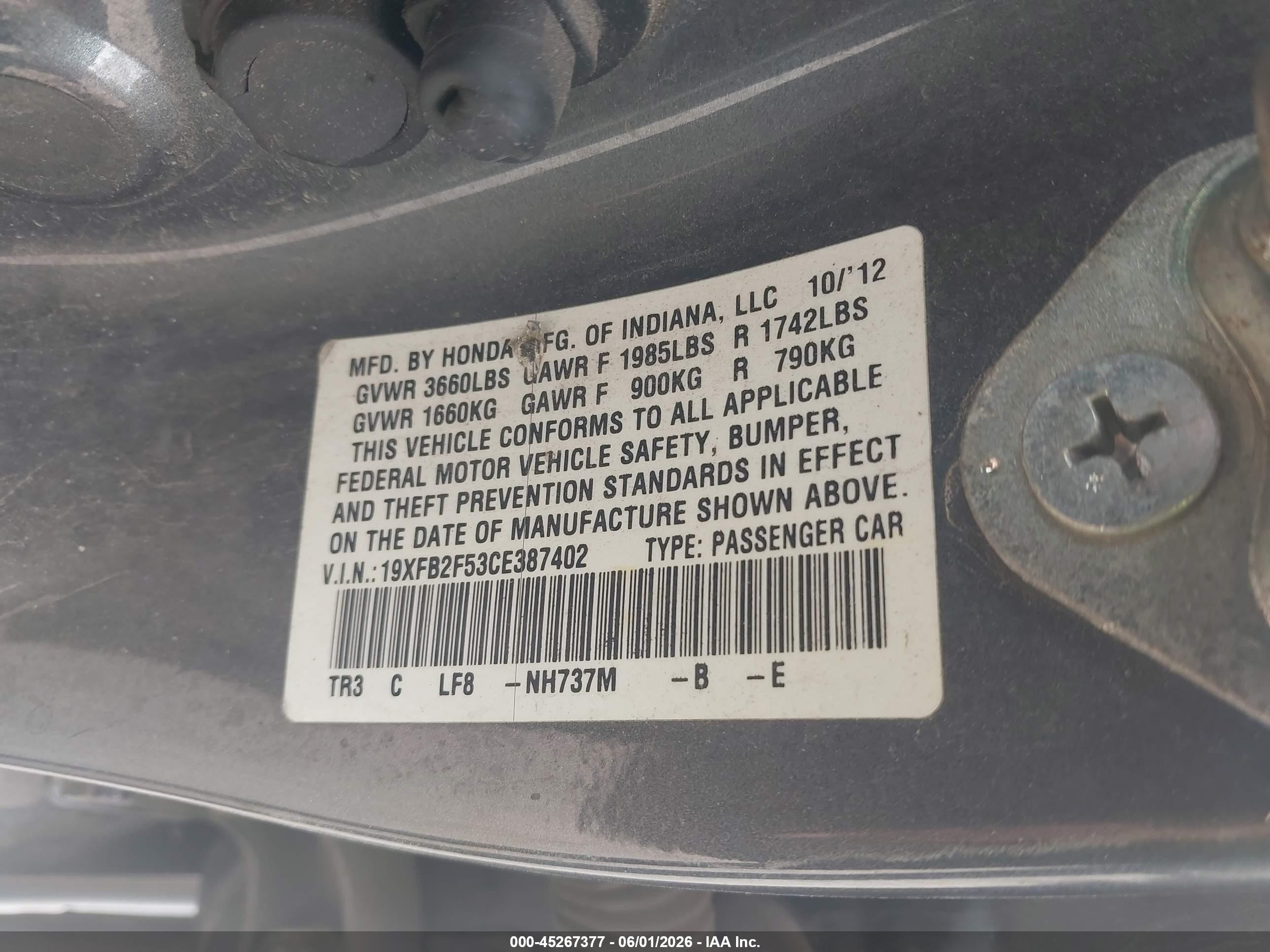 2012 Honda Civic Lx Серый vin: 19XFB2F53CE387402