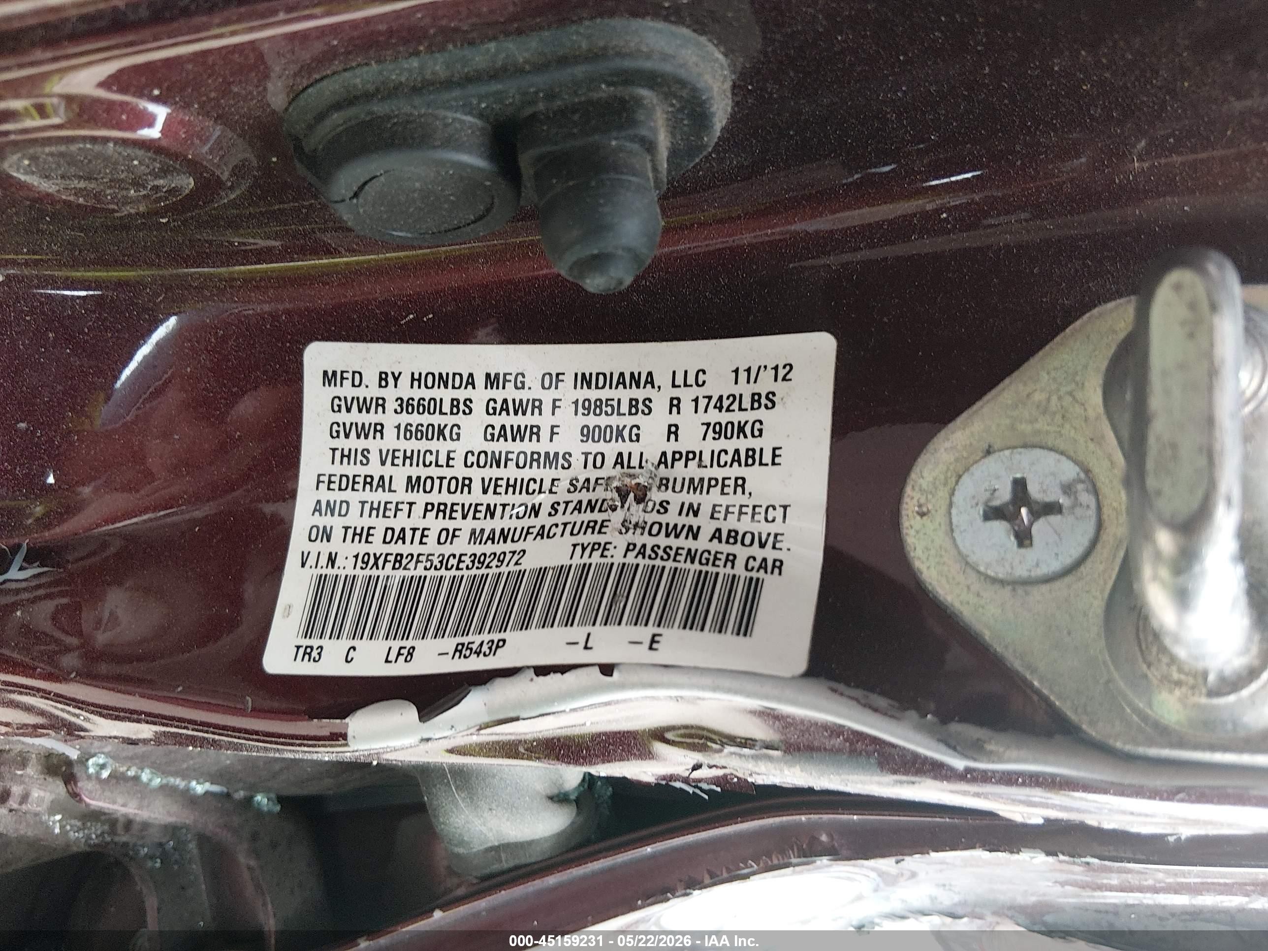 2012 Honda Civic Lx Maroon vin: 19XFB2F53CE392972