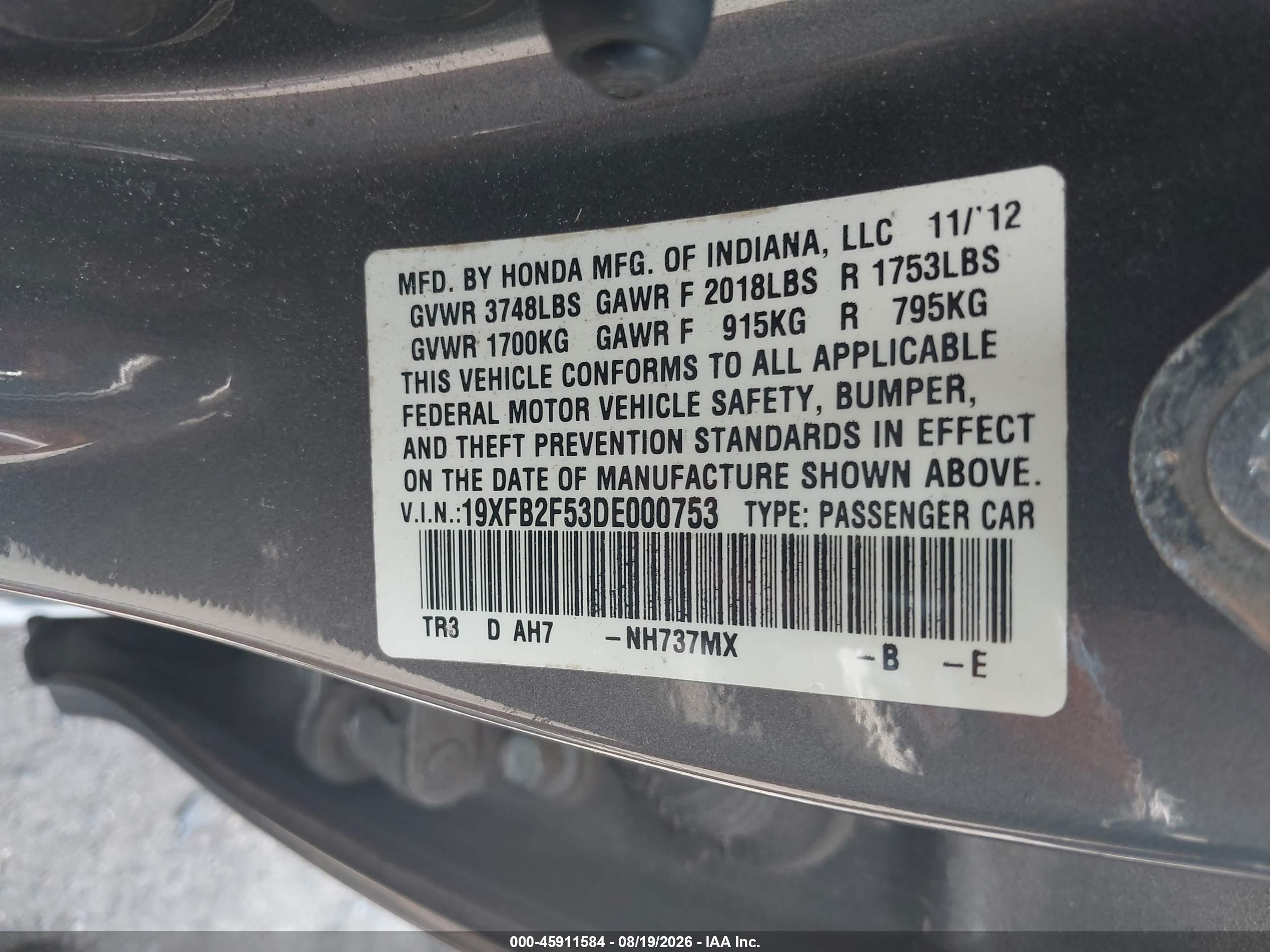 2013 Honda Civic Lx Gray vin: 19XFB2F53DE000753