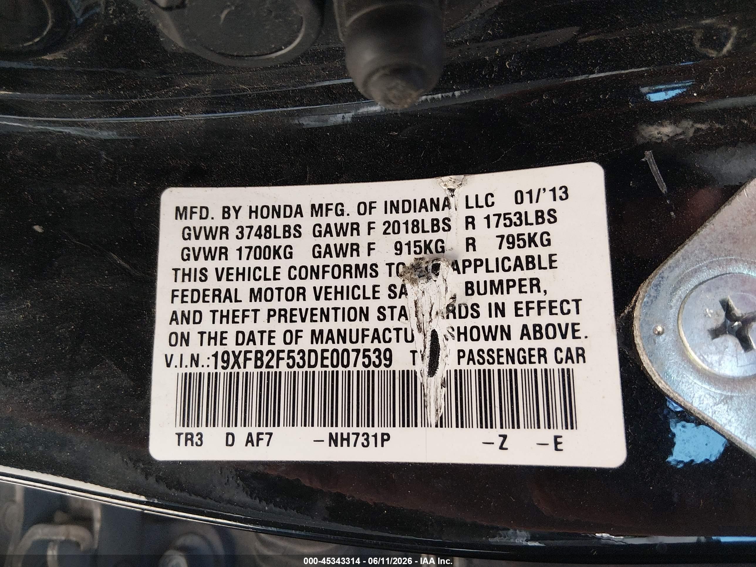 2013 Honda Civic Lx Black vin: 19XFB2F53DE007539