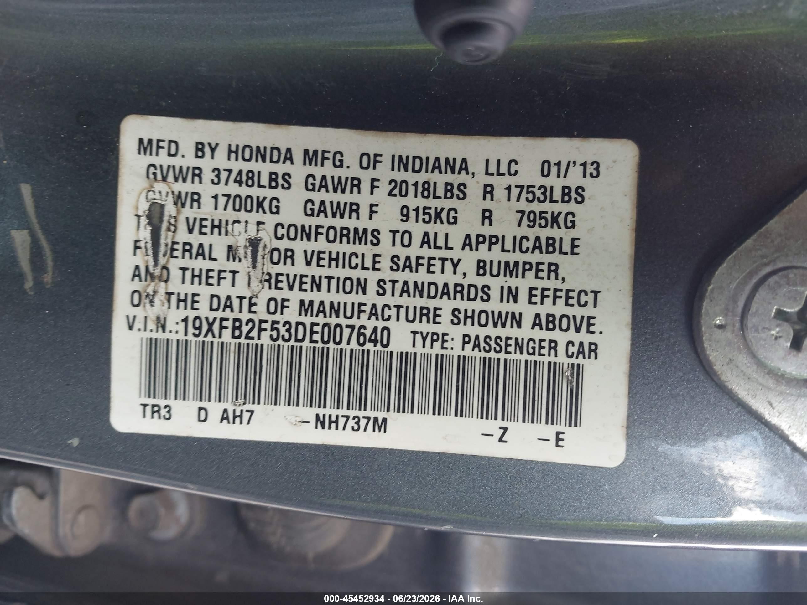 2013 Honda Civic Lx Gray vin: 19XFB2F53DE007640