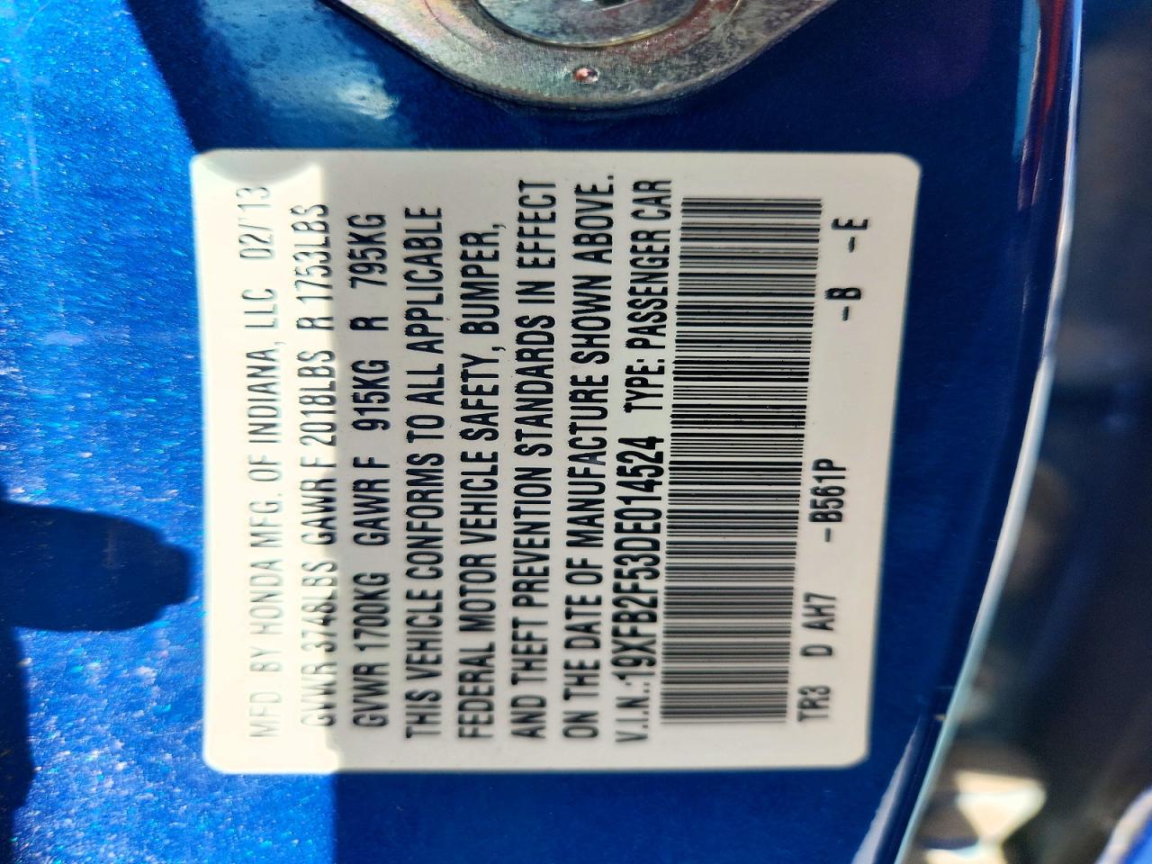 2013 Honda Civic Lx Blue vin: 19XFB2F53DE014524