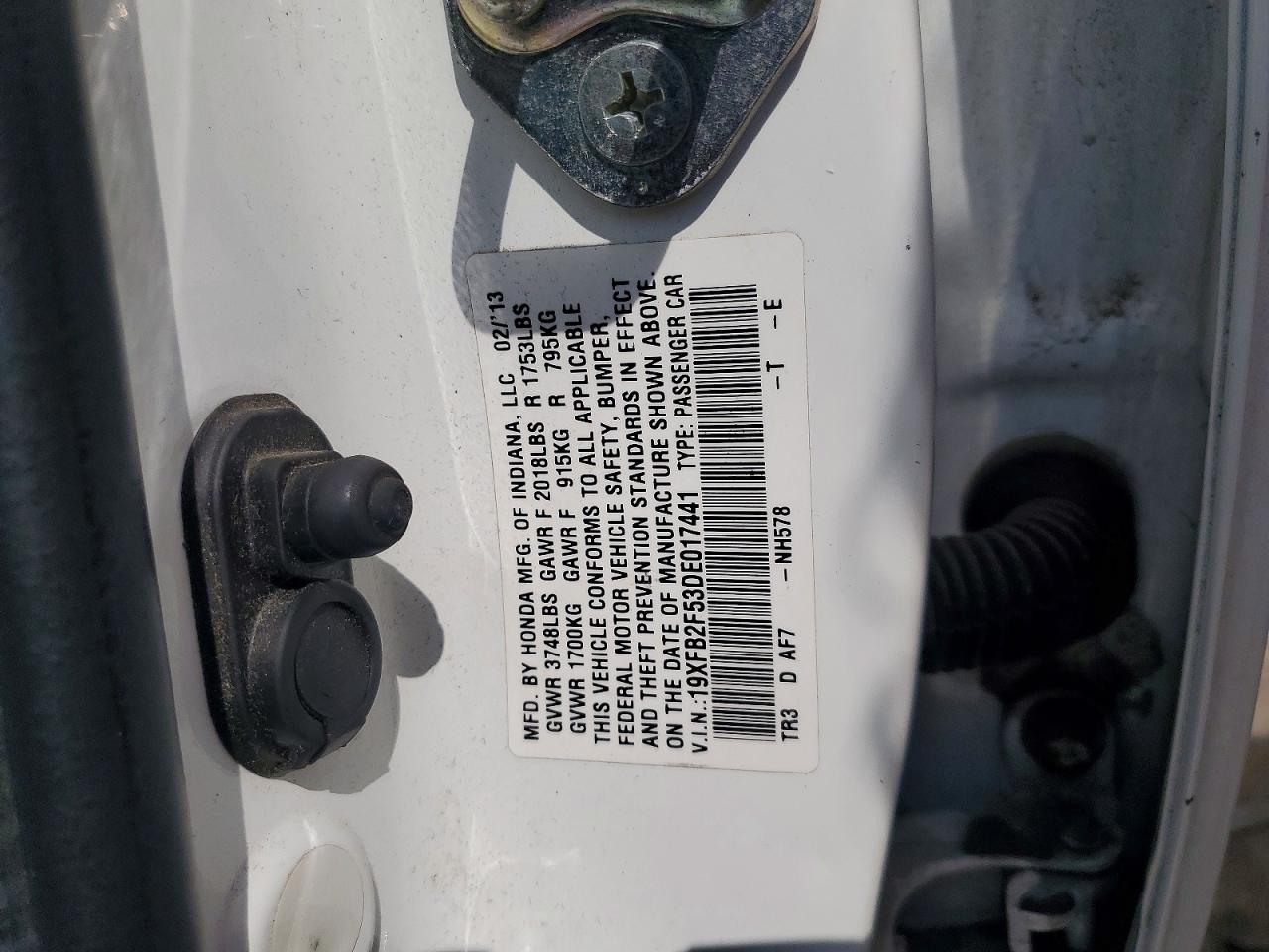 2013 Honda Civic Lx White vin: 19XFB2F53DE017441