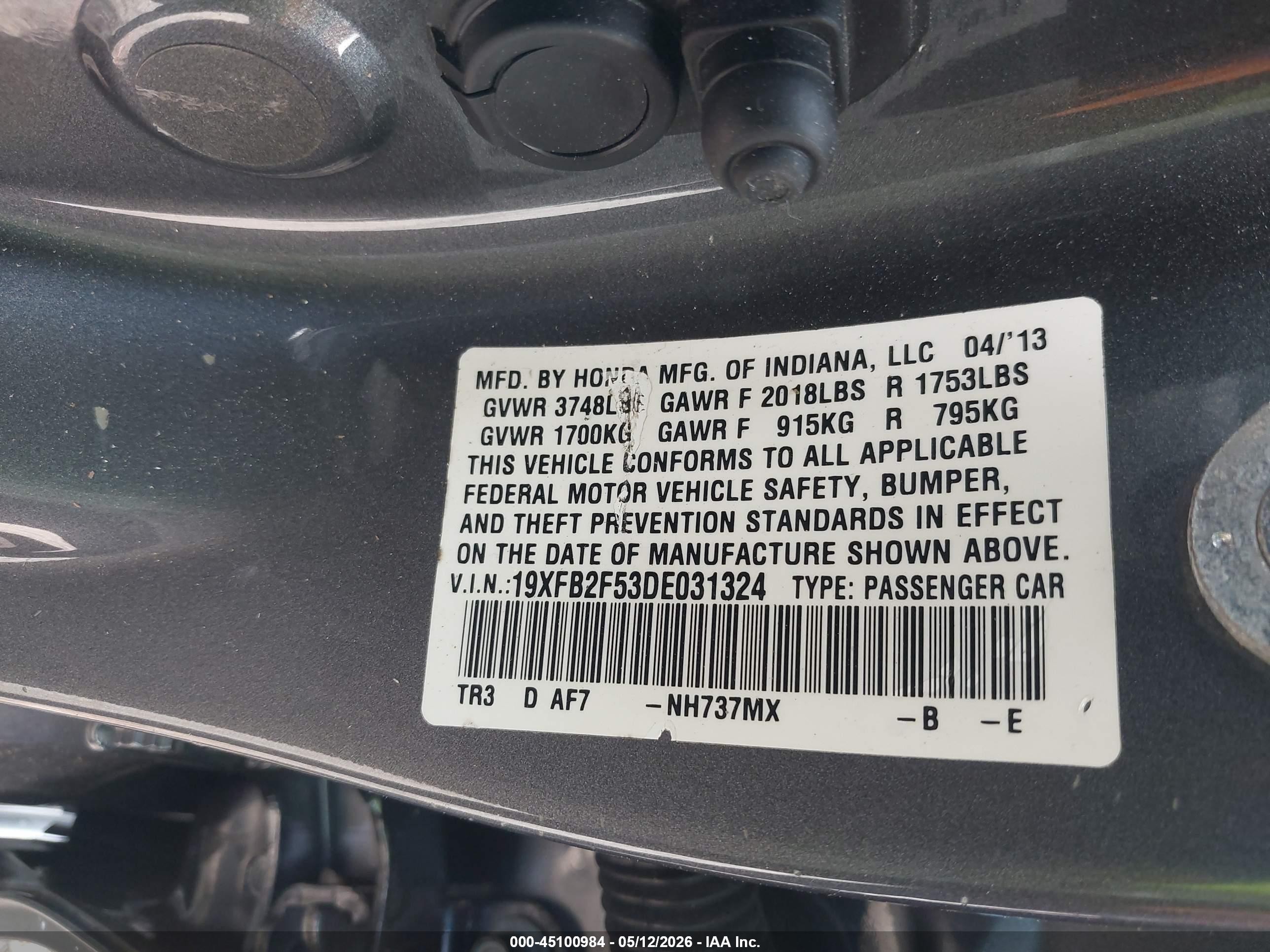 2013 Honda Civic Lx Gray vin: 19XFB2F53DE031324