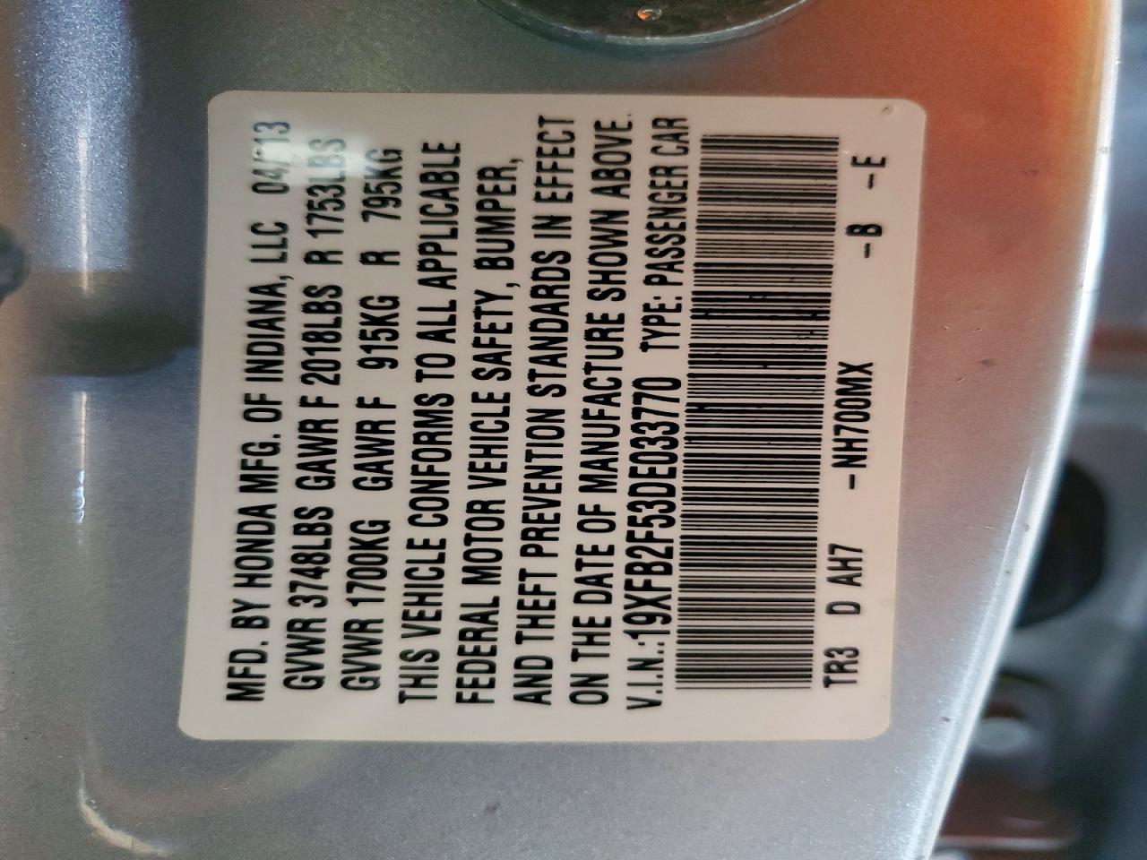 2013 Honda Civic Lx Silver vin: 19XFB2F53DE033770