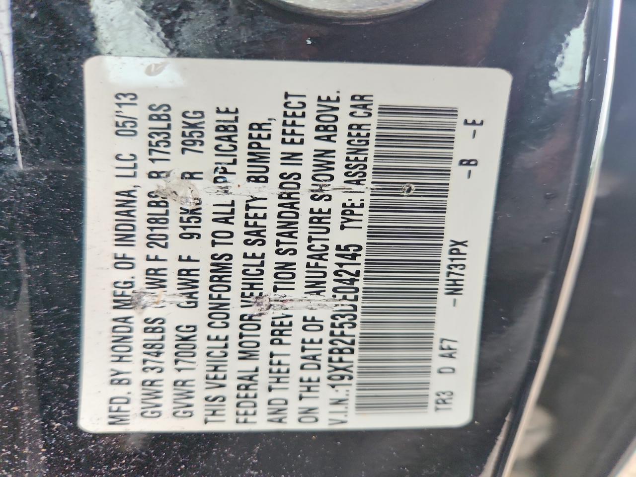 2013 Honda Civic Lx Black vin: 19XFB2F53DE042145