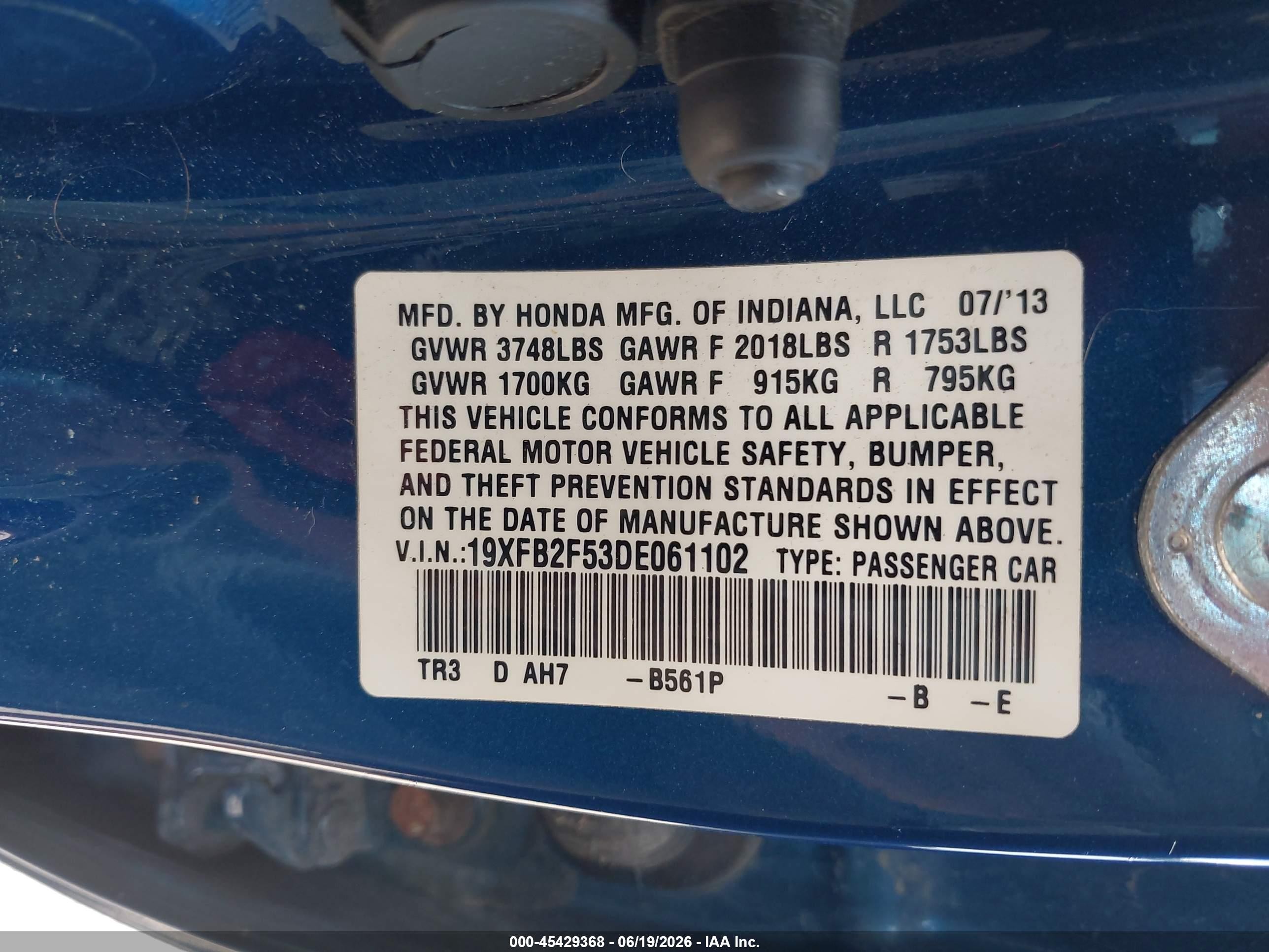 2013 Honda Civic Lx Blue vin: 19XFB2F53DE061102