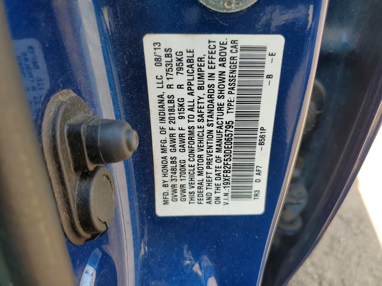 2013 Honda Civic Lx Blue vin: 19XFB2F53DE065795