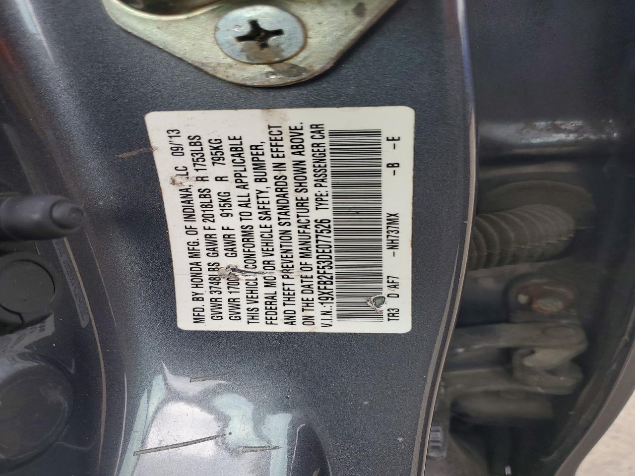2013 Honda Civic Lx Gray vin: 19XFB2F53DE077526