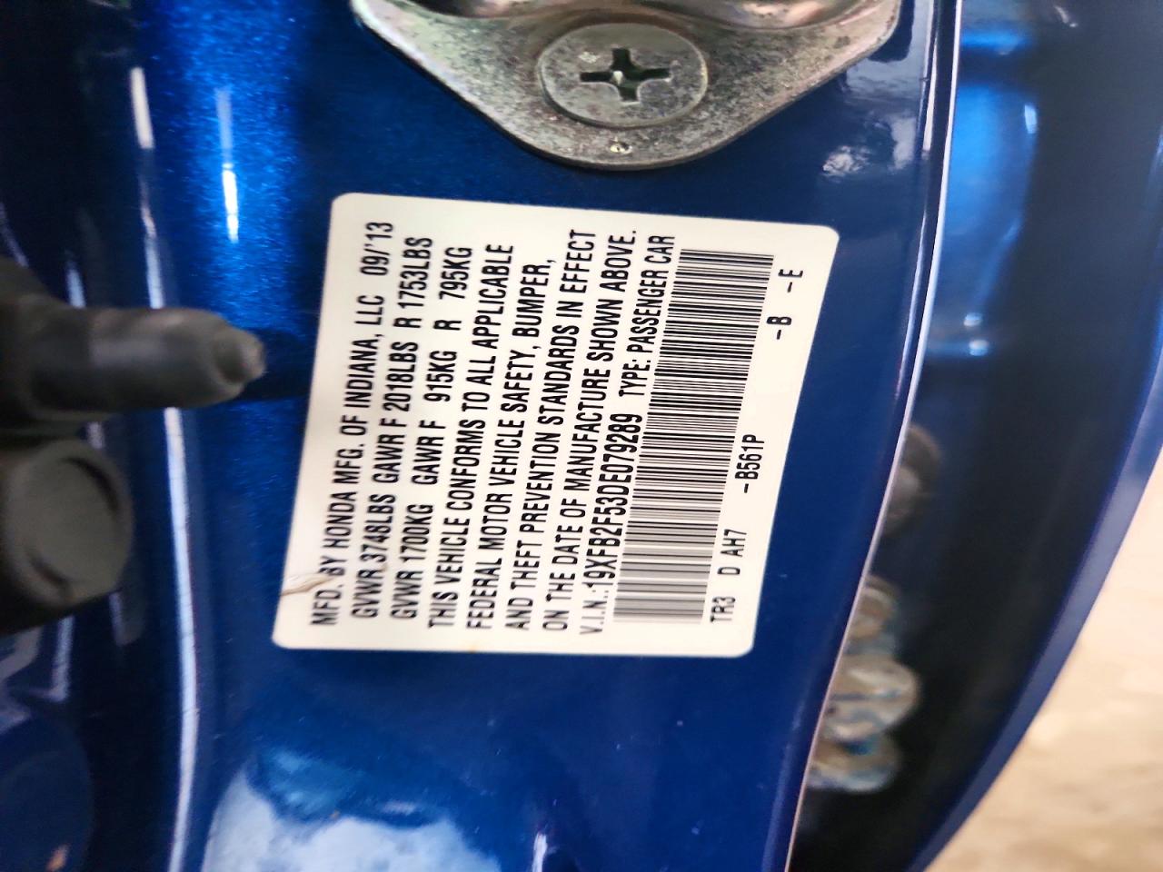 2013 Honda Civic Lx Blue vin: 19XFB2F53DE079289