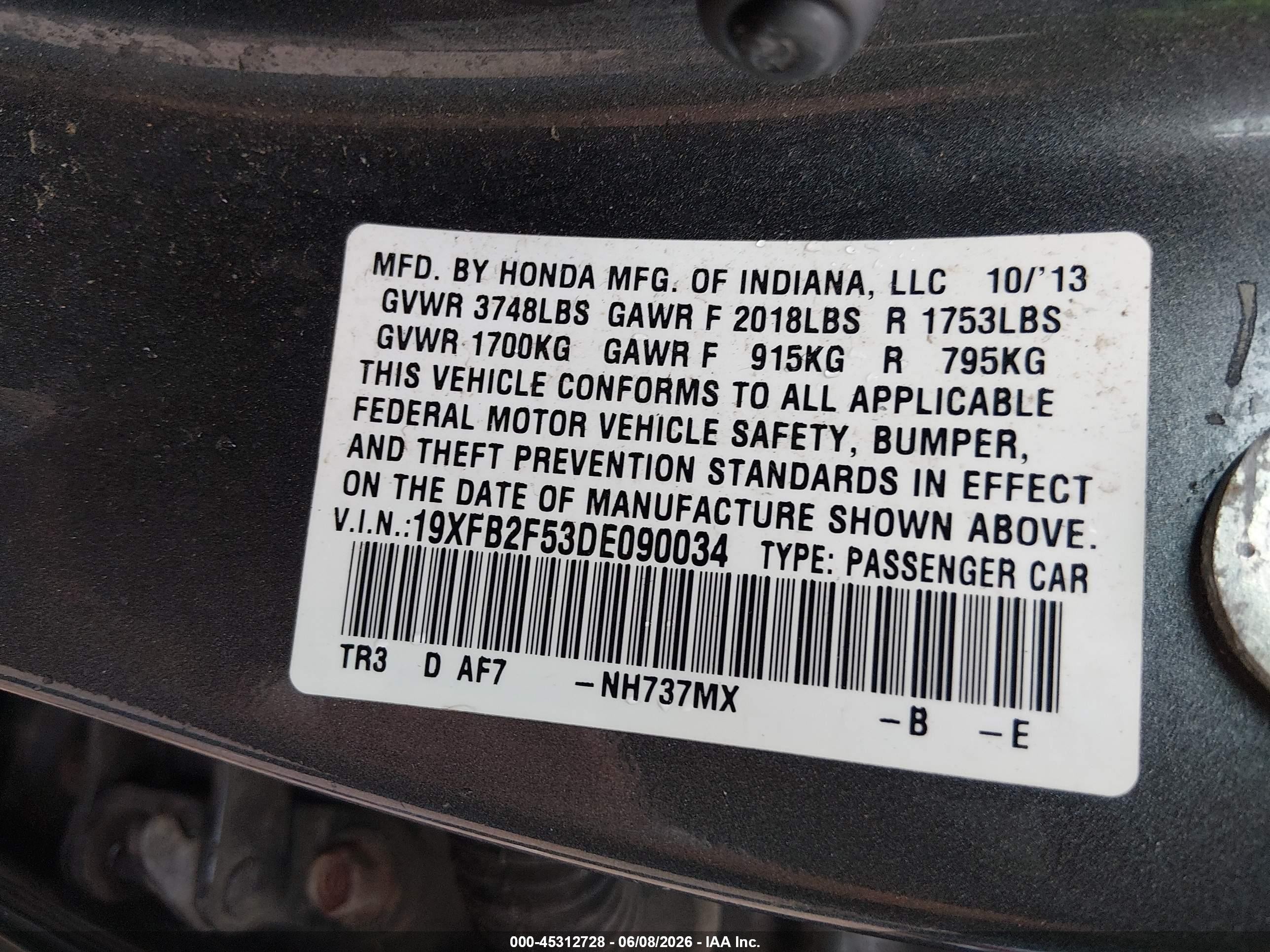 2013 Honda Civic Lx Gray vin: 19XFB2F53DE090034