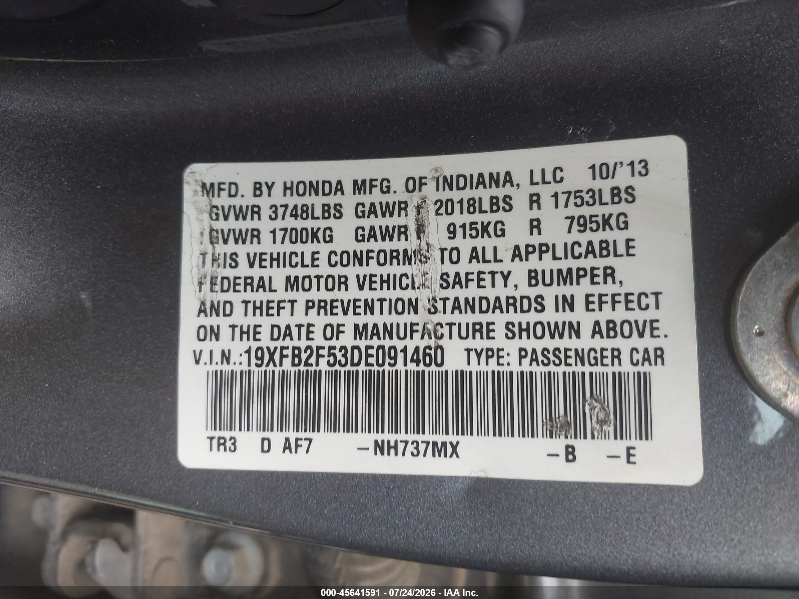 2013 Honda Civic Lx Серый vin: 19XFB2F53DE091460