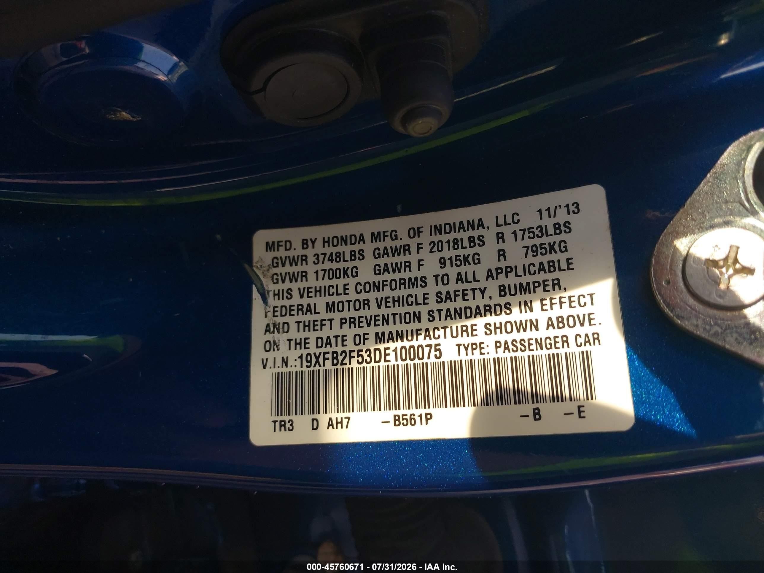 2013 Honda Civic Lx Blue vin: 19XFB2F53DE100075