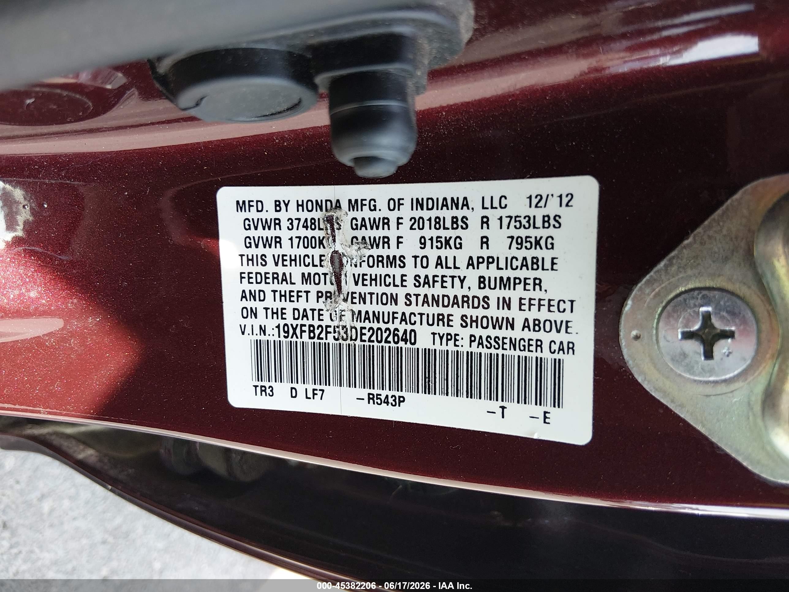 2013 Honda Civic Lx Бордовый vin: 19XFB2F53DE202640