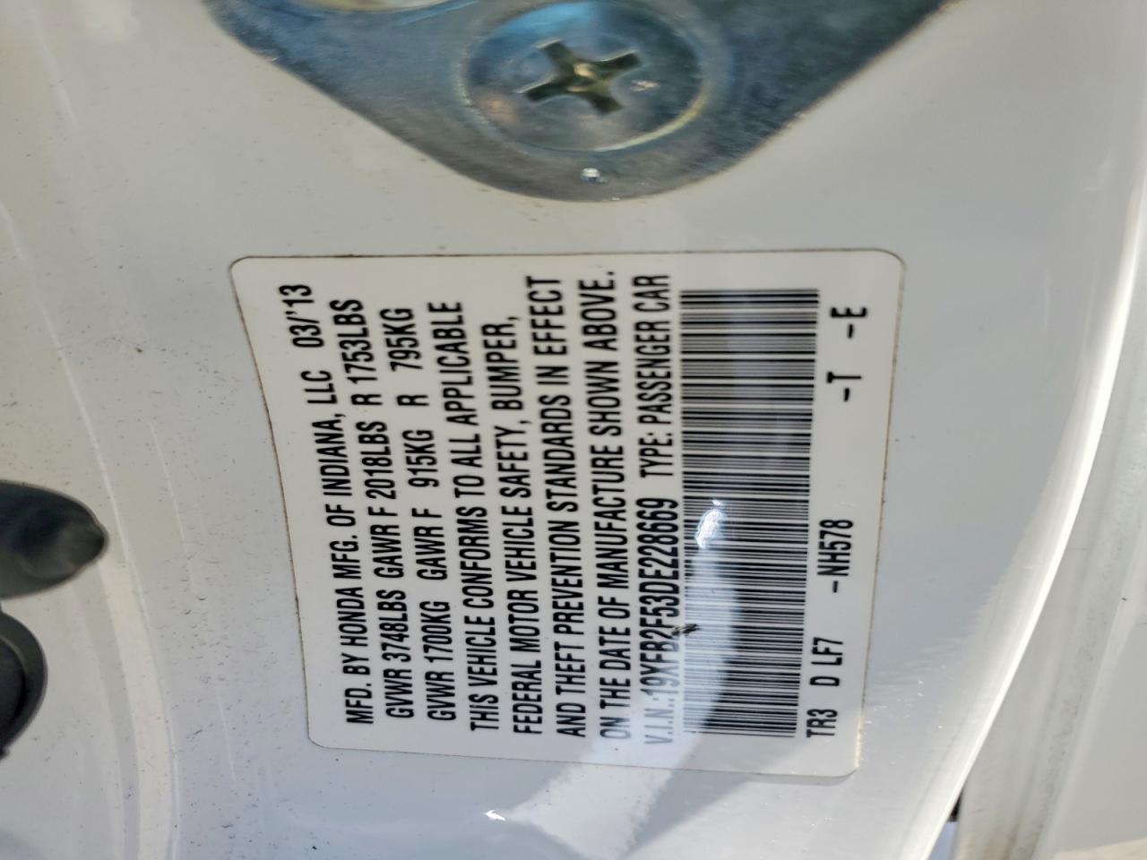 2013 Honda Civic Lx White vin: 19XFB2F53DE228669