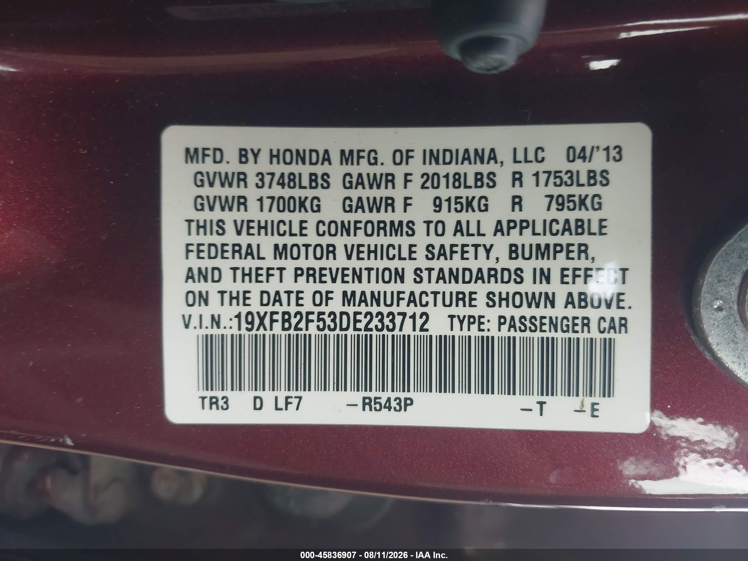 2013 Honda Civic Lx Burgundy vin: 19XFB2F53DE233712