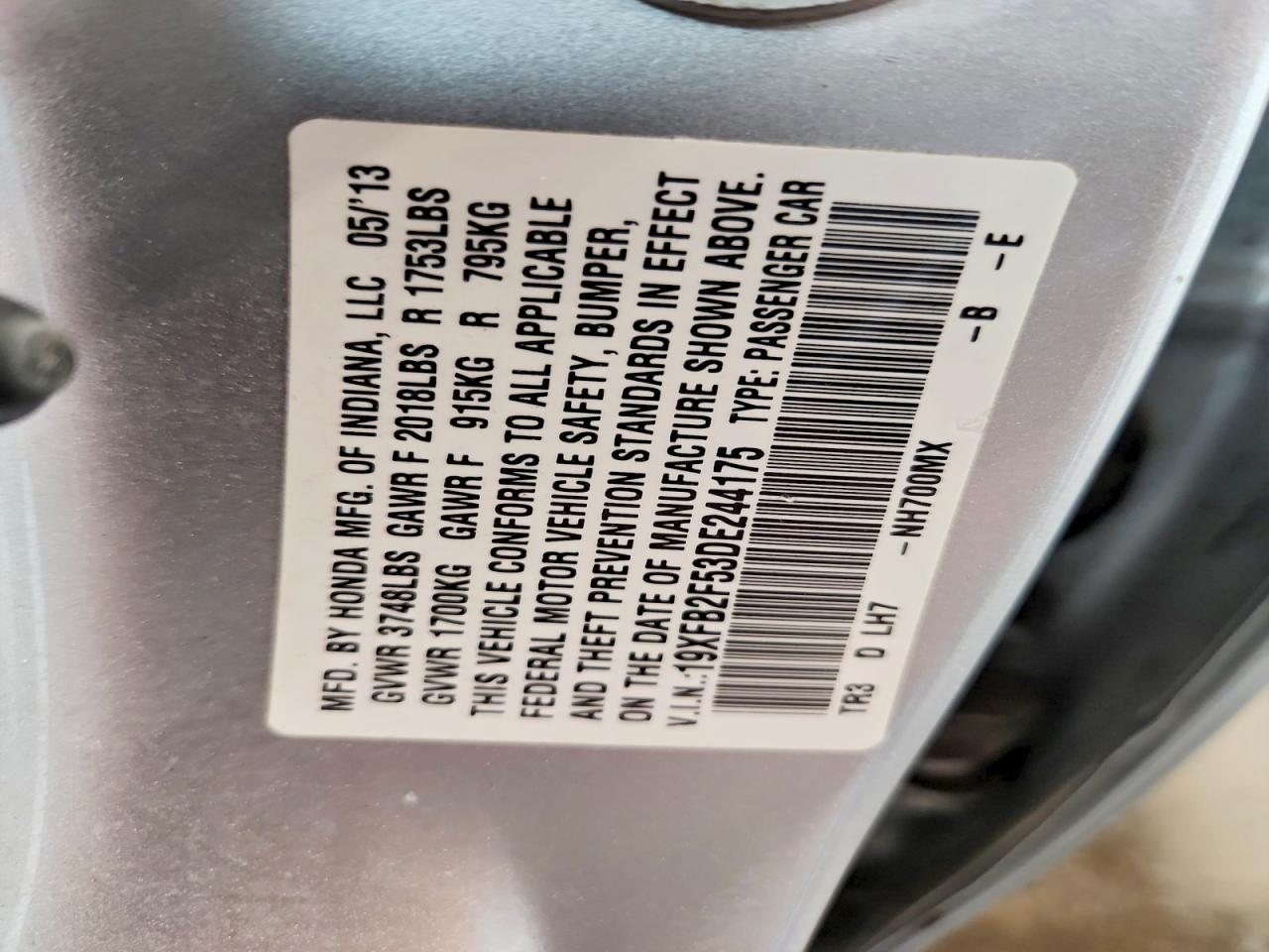 2013 Honda Civic Lx Gray vin: 19XFB2F53DE244175