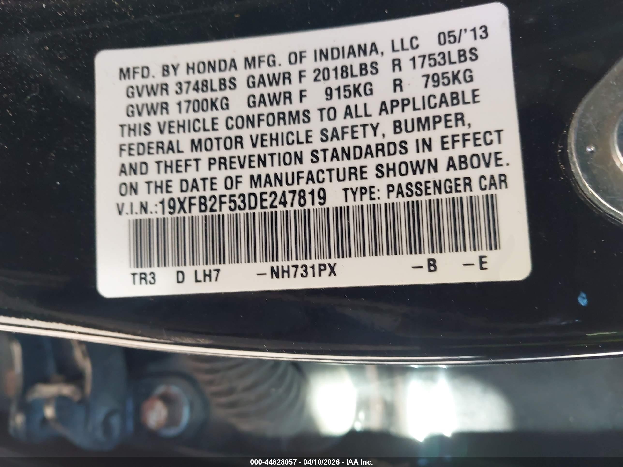 2013 Honda Civic Lx Black vin: 19XFB2F53DE247819
